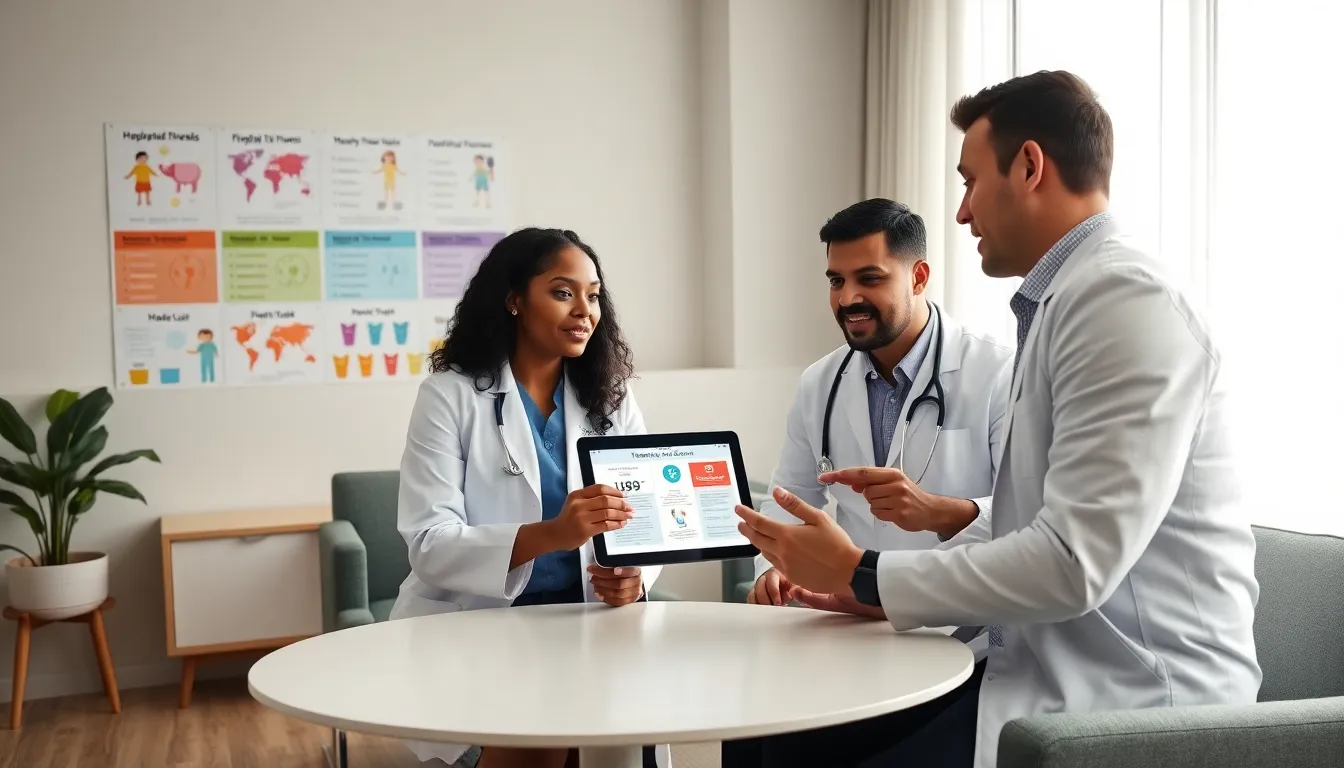 healthcare professionals discussing bedwetting treatment in a pediatric office.