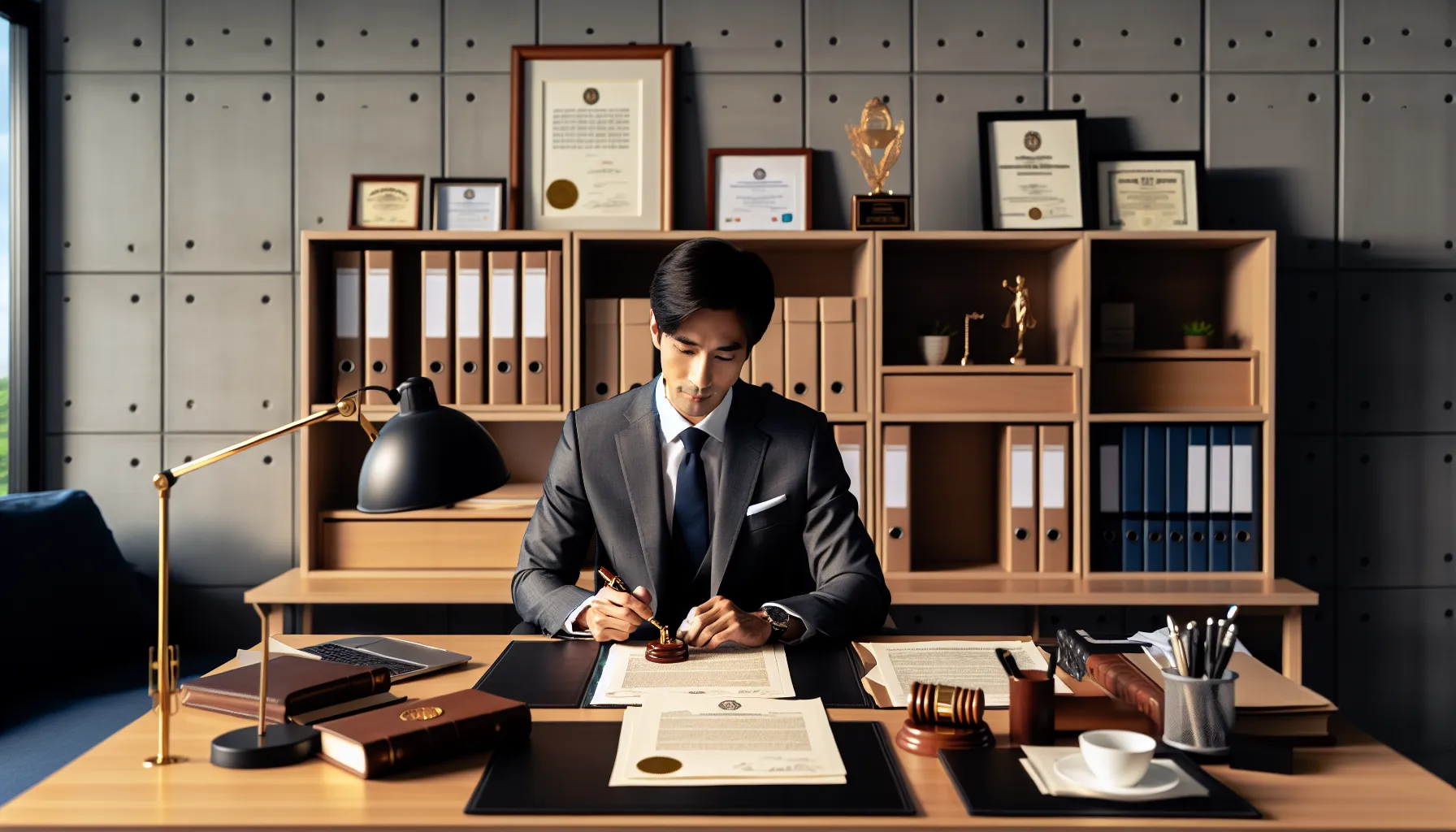 Croatian notary public stamping official documents in professional office setting