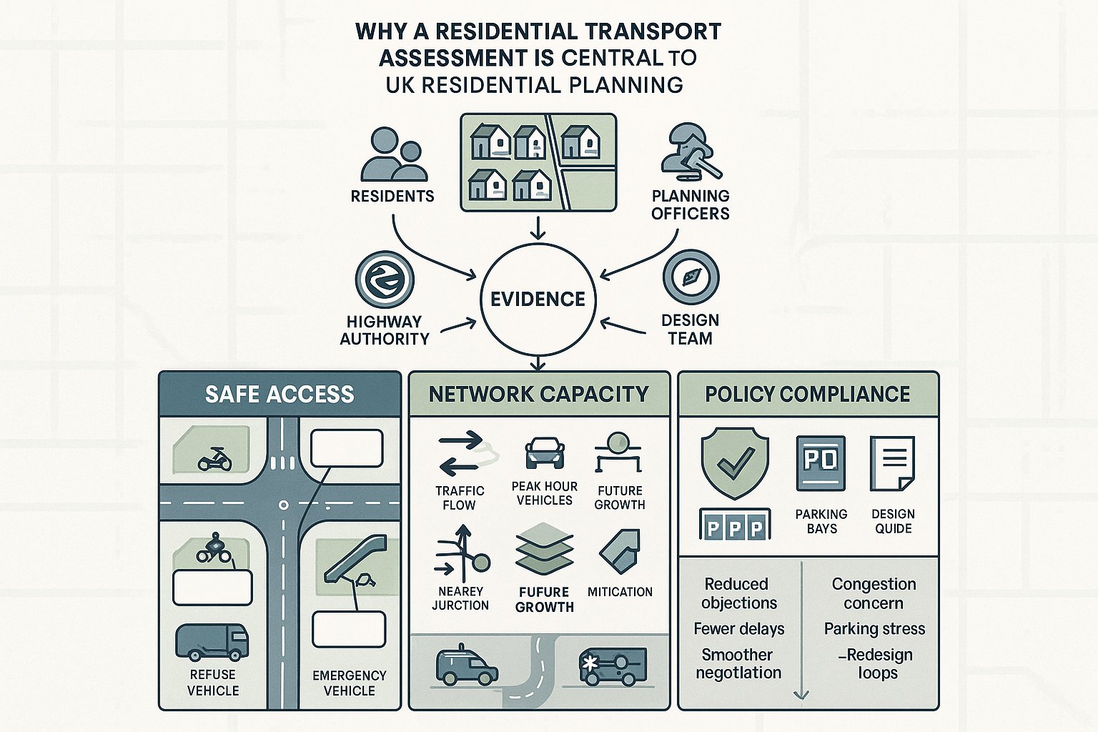 Infographic showing how transport assessments support safe and compliant UK housing planning.