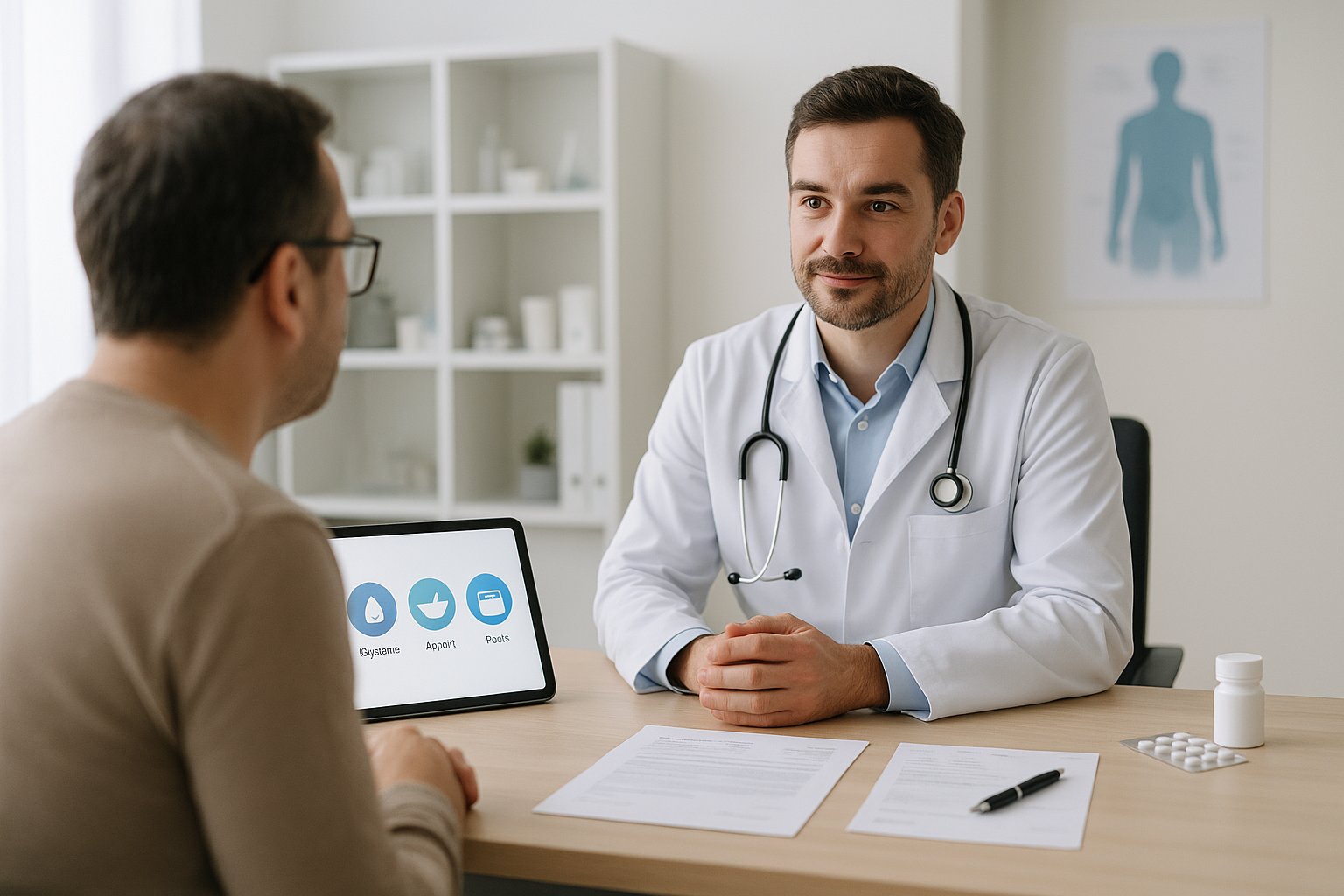Doctor advising a patient in a modern French medical office.