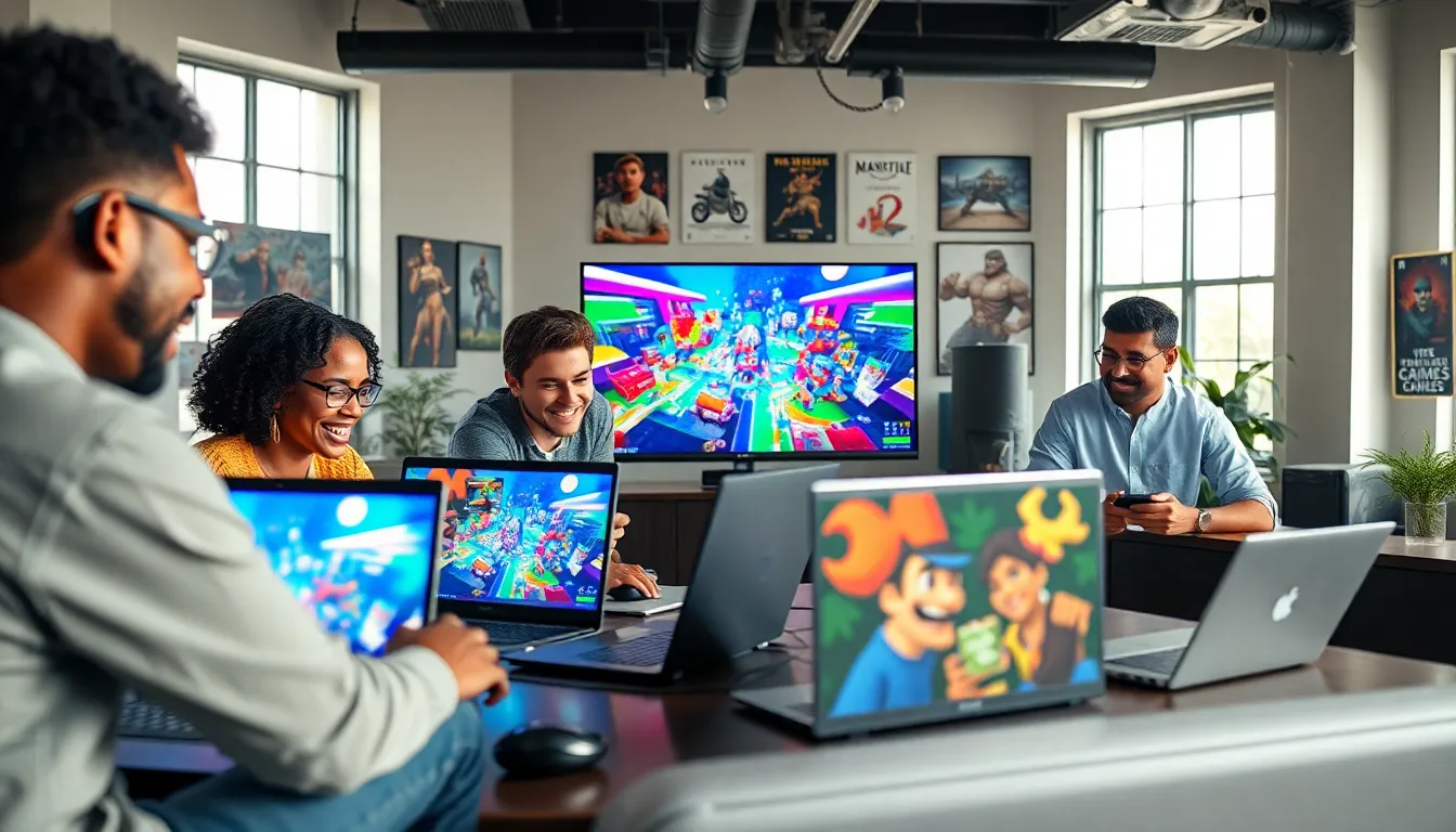 diverse gamers collaborating on game design in a modern workspace.
