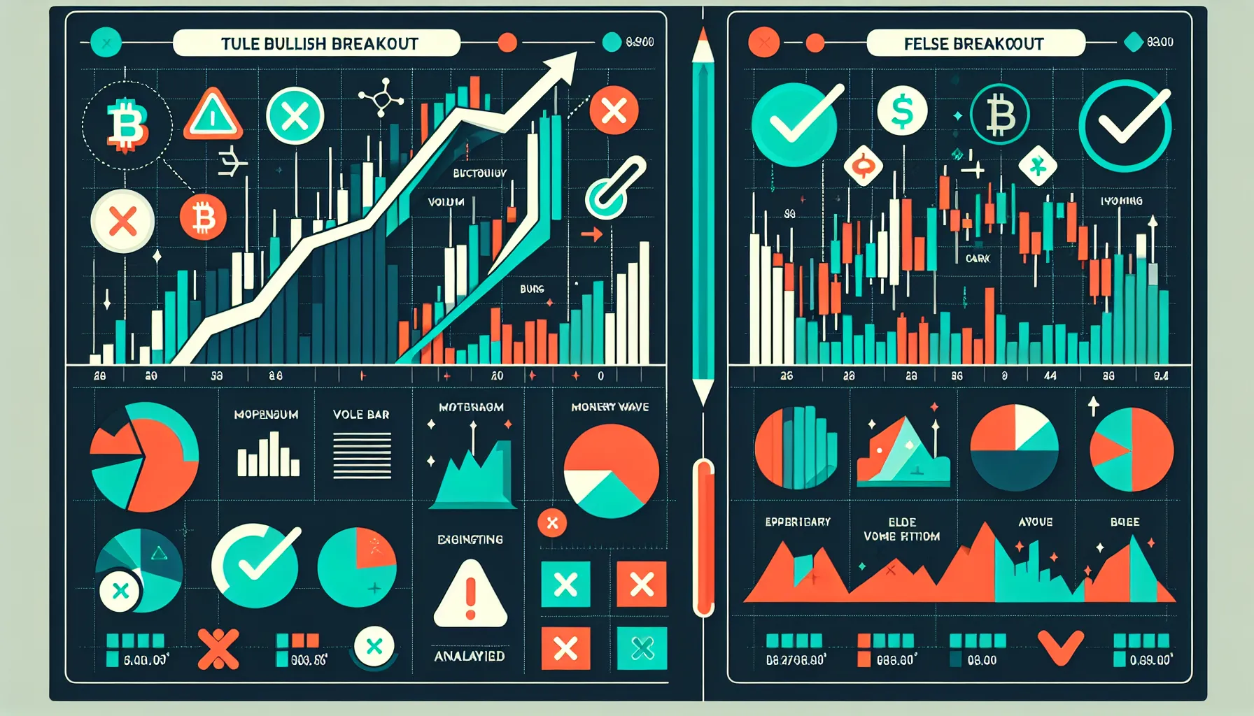 Comparison chart showing authentic versus false cryptocurrency breakout patterns with indicators.
