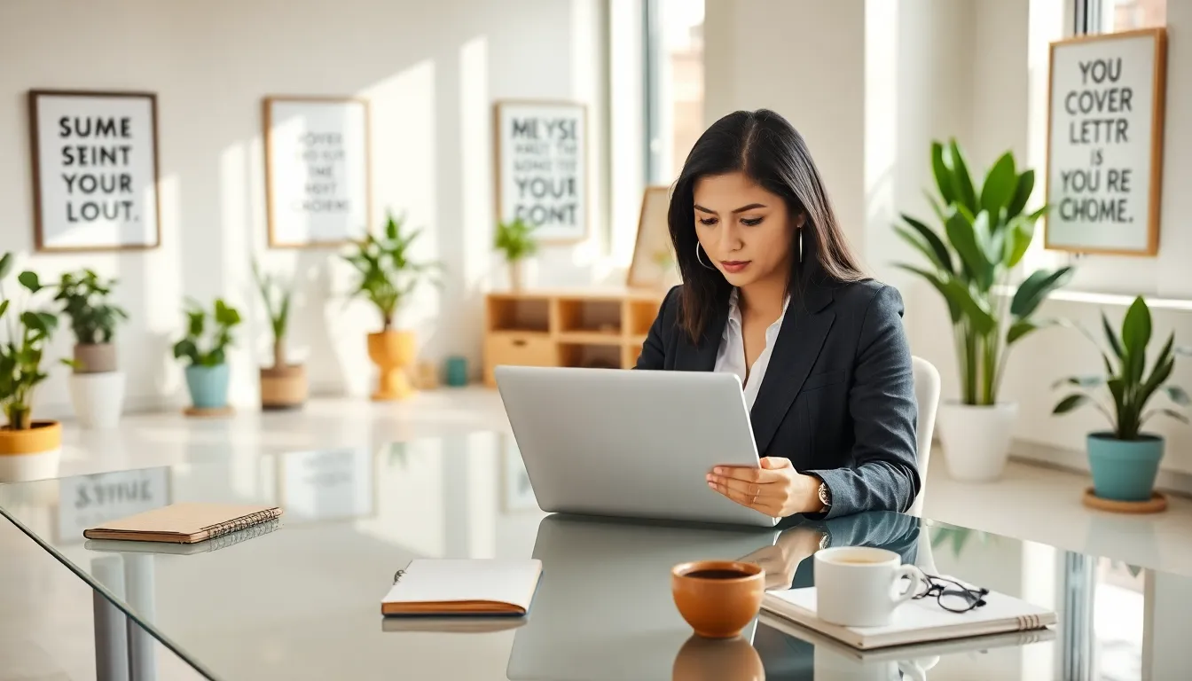 professional drafting a digital marketing cover letter at a modern desk.