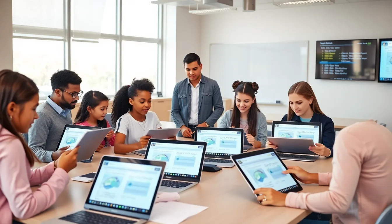 diverse students using tech in a modern classroom setting.