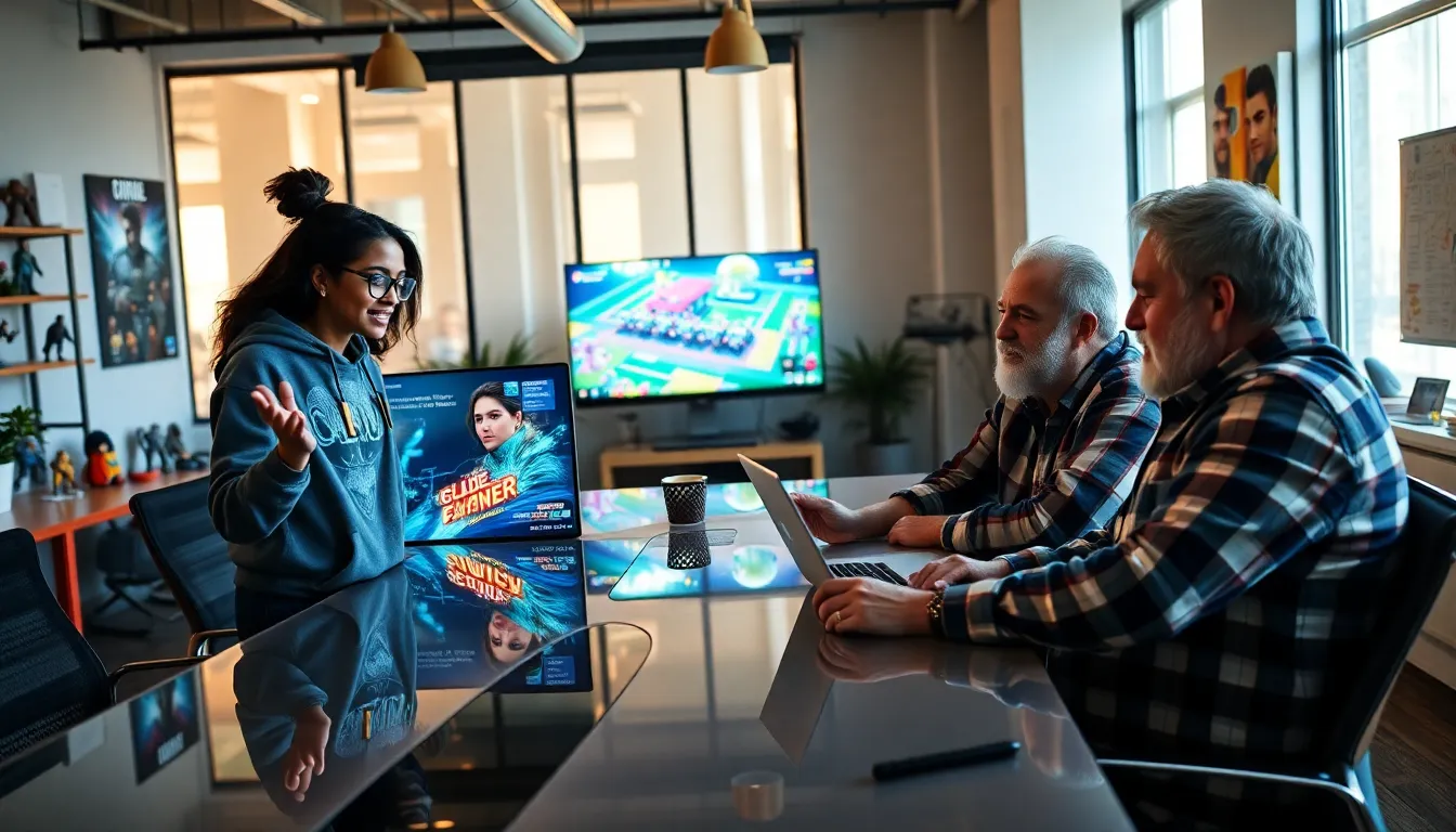 a diverse team of game developers collaborating in a modern office space.
