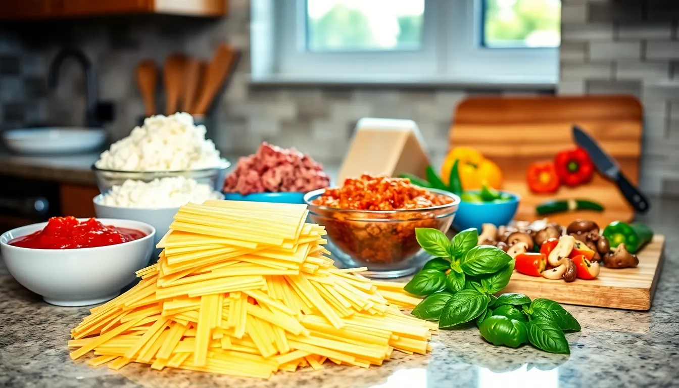 Ingredients for American Beauty Lasagna on a kitchen countertop.