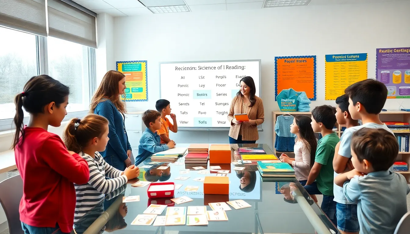 students engaged in a reading lesson with a teacher in a modern classroom.