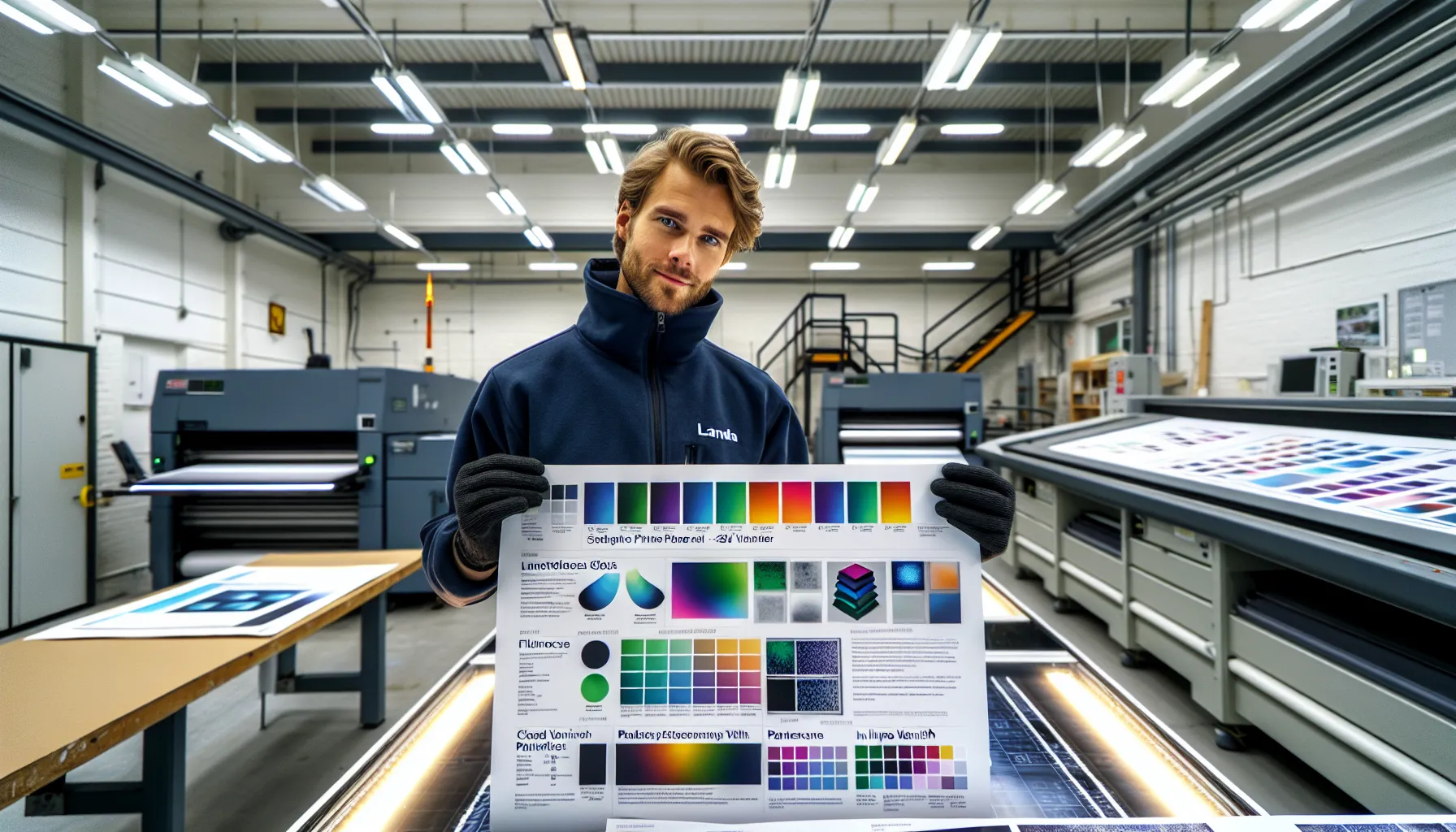 Technician inspects cmyk+ print with spot gloss in a modern norwegian print shop.