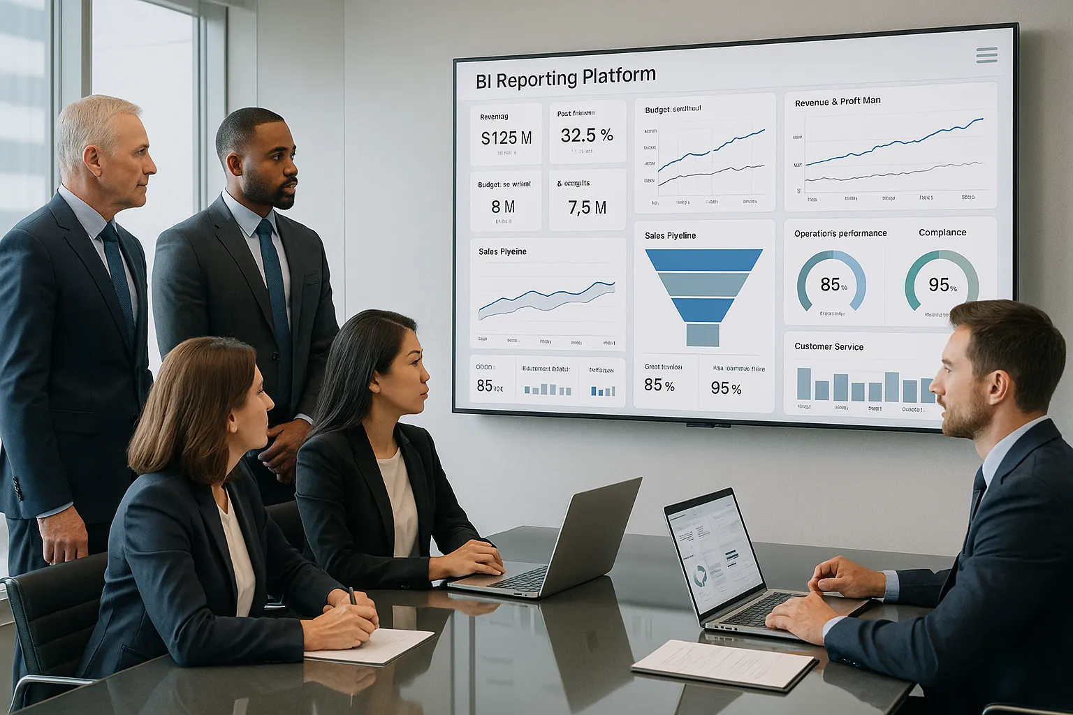 Business team reviewing BI dashboard in a modern office.