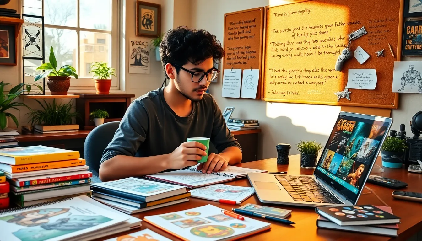 A game developer working at a cluttered desk filled with books and sketches.