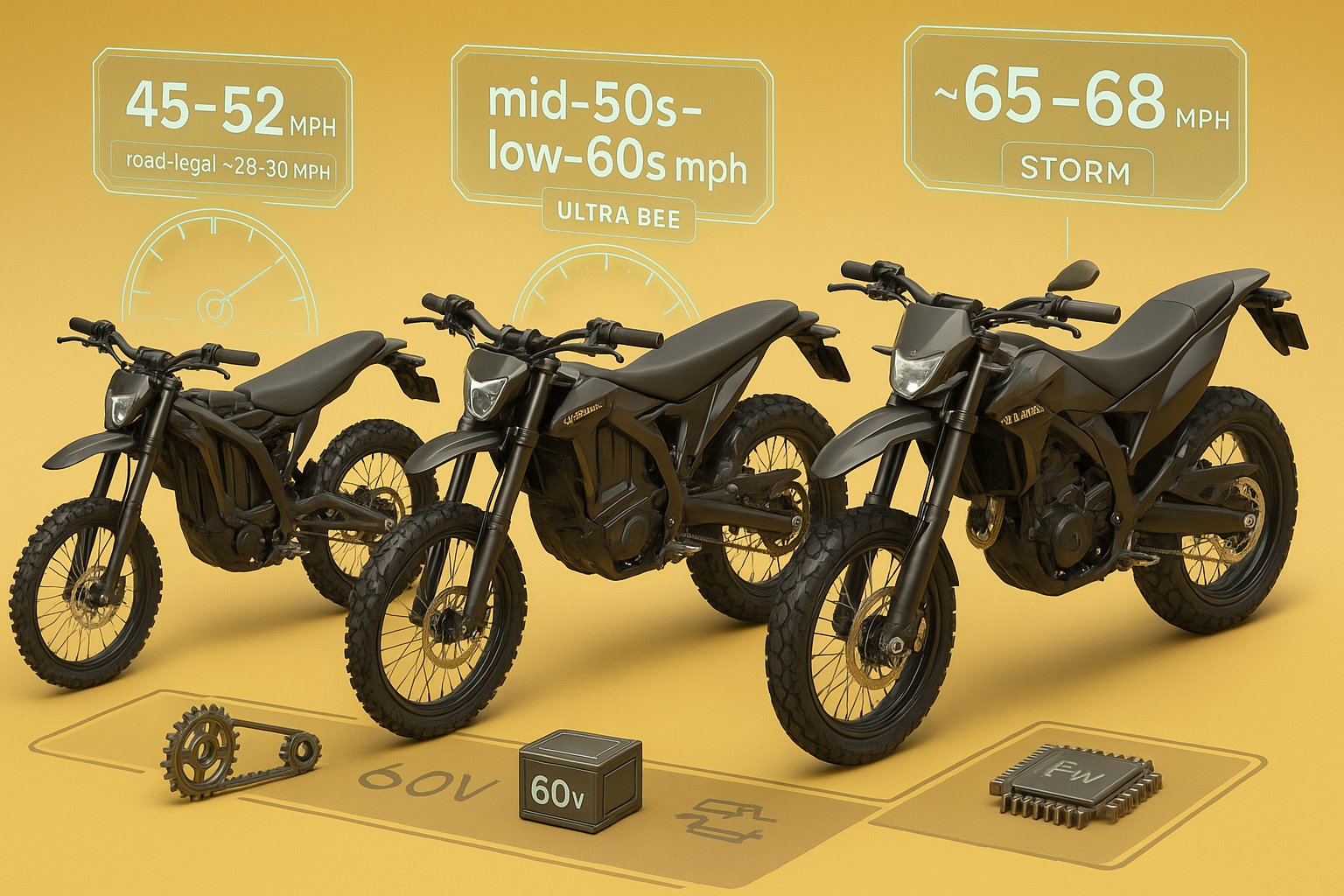 Isometric 3D render of three Surron bikes with floating speed dials.