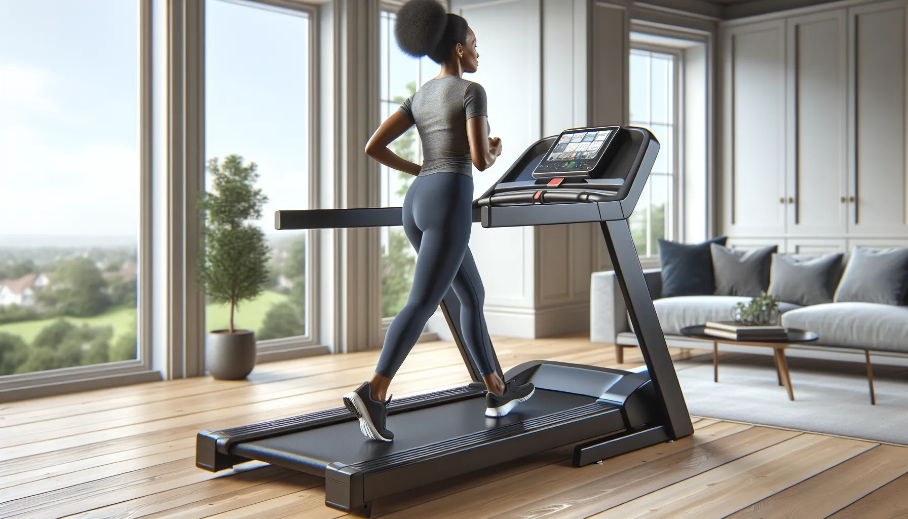 Woman with knee sleeve walking on cushioned treadmill in a sunlit home.