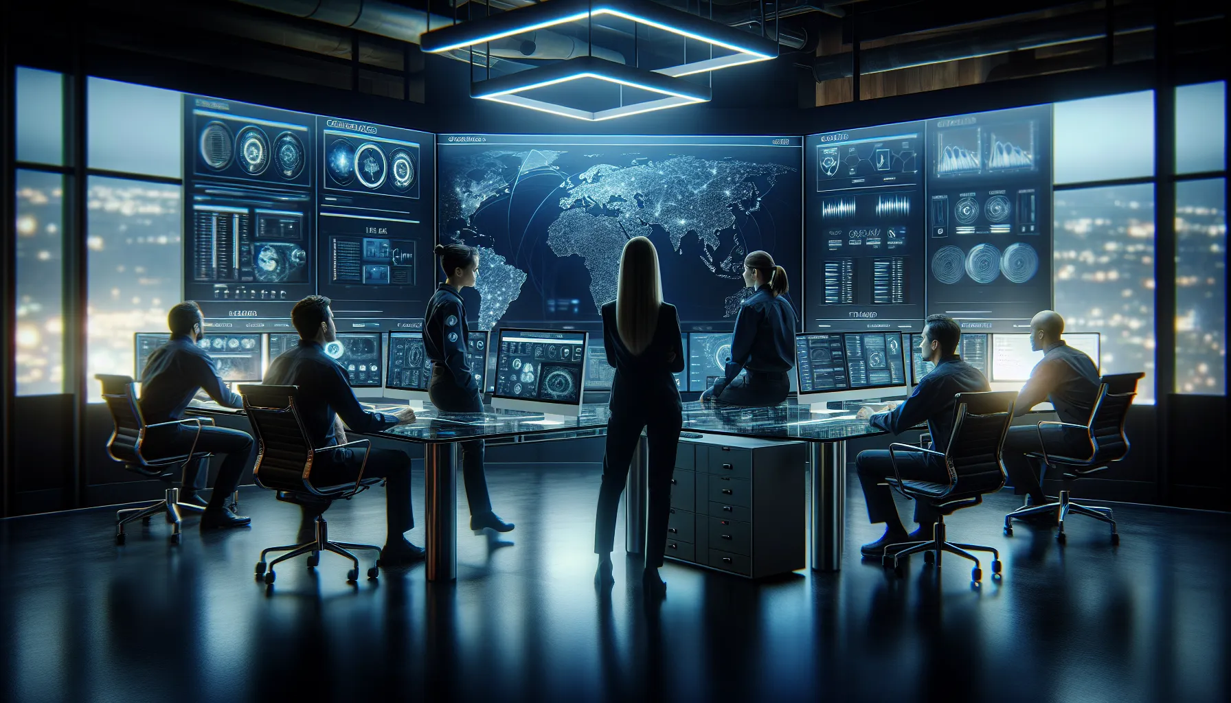 cybersecurity team analyzing threats in a modern control room.
