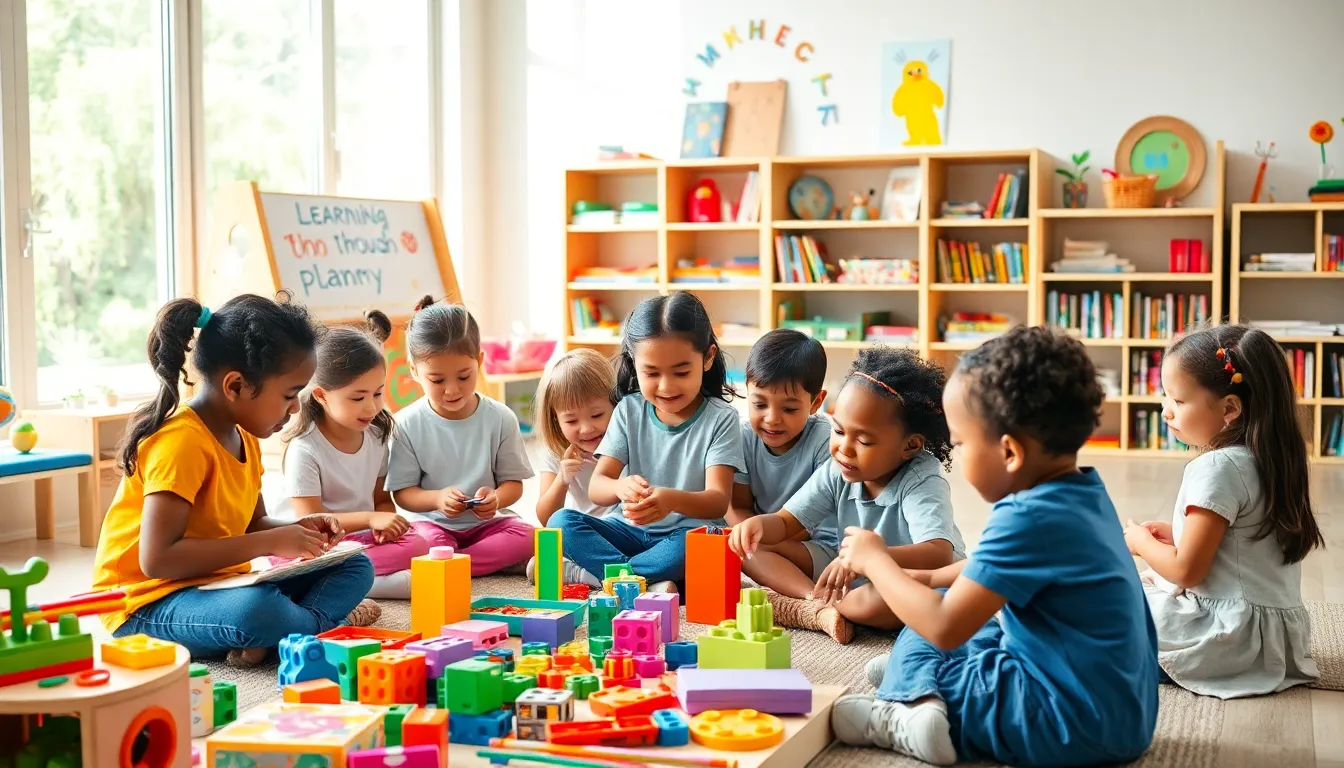 children engaging in creative play in a bright classroom.