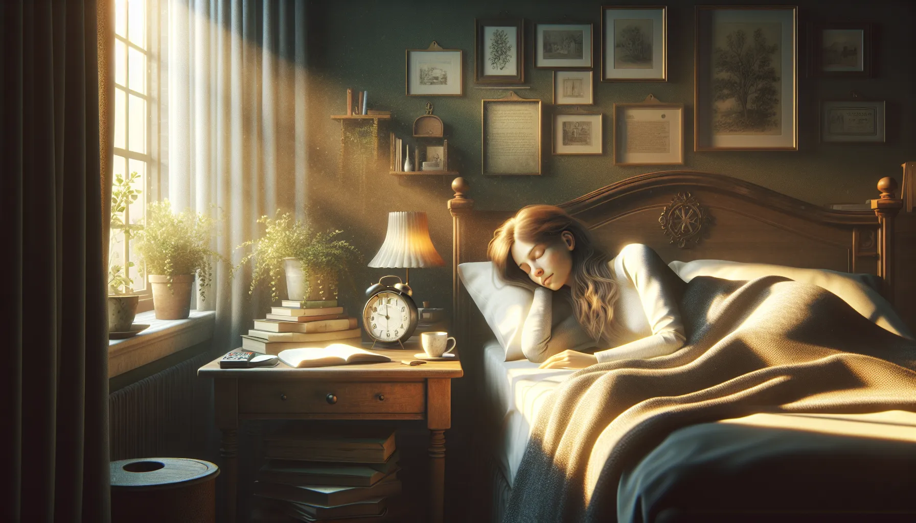 A woman sleeping peacefully in a softly lit bedroom.