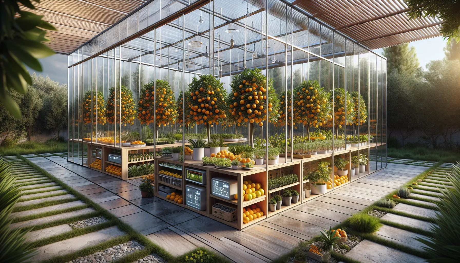 Modern greenhouse with citrus trees growing in controlled environment