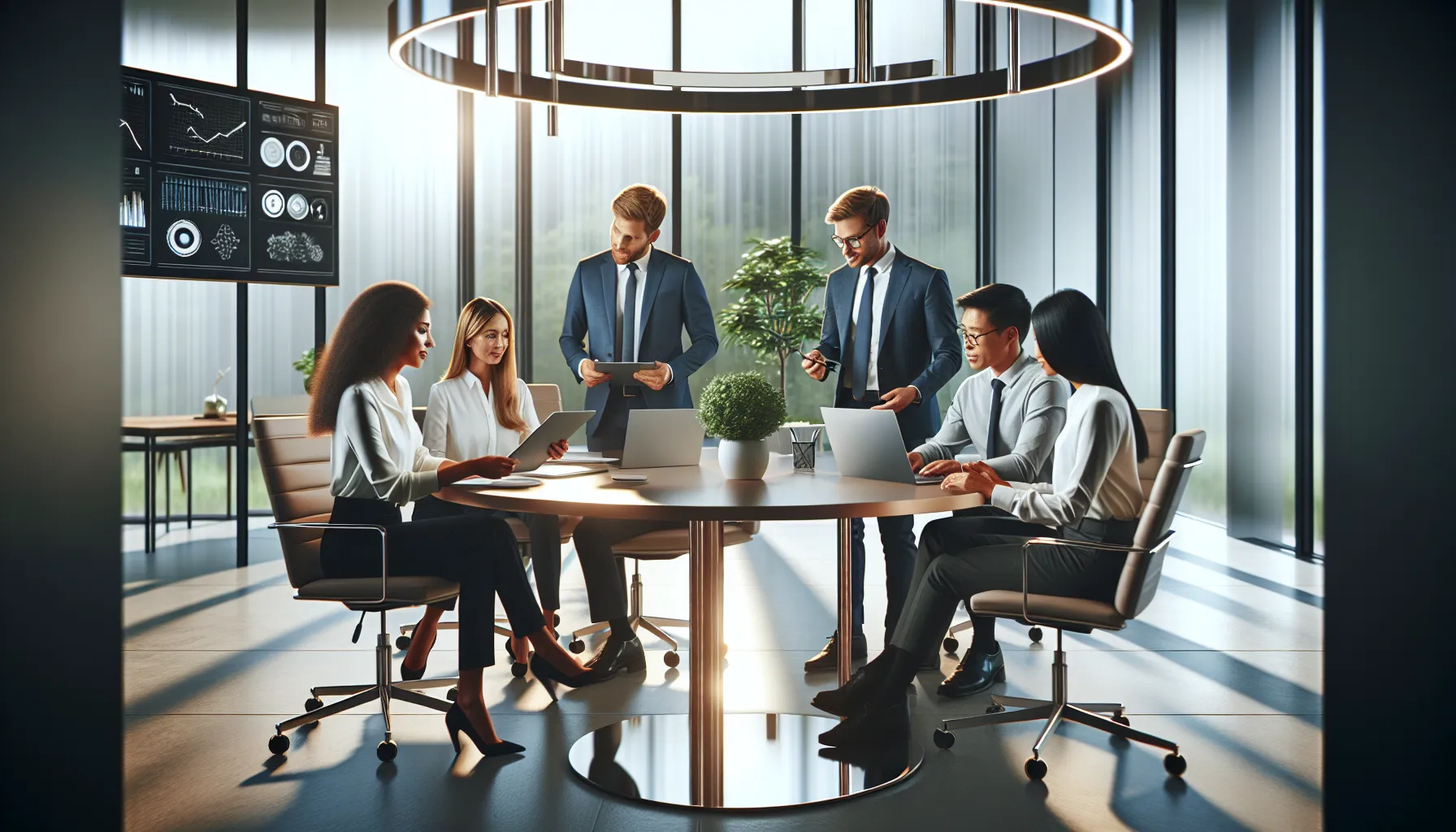 diverse team in a modern office discussing important telecommunication services.