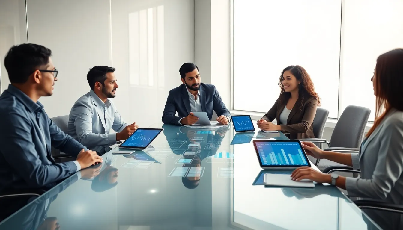 diverse professionals discussing data innovation in a modern conference room.