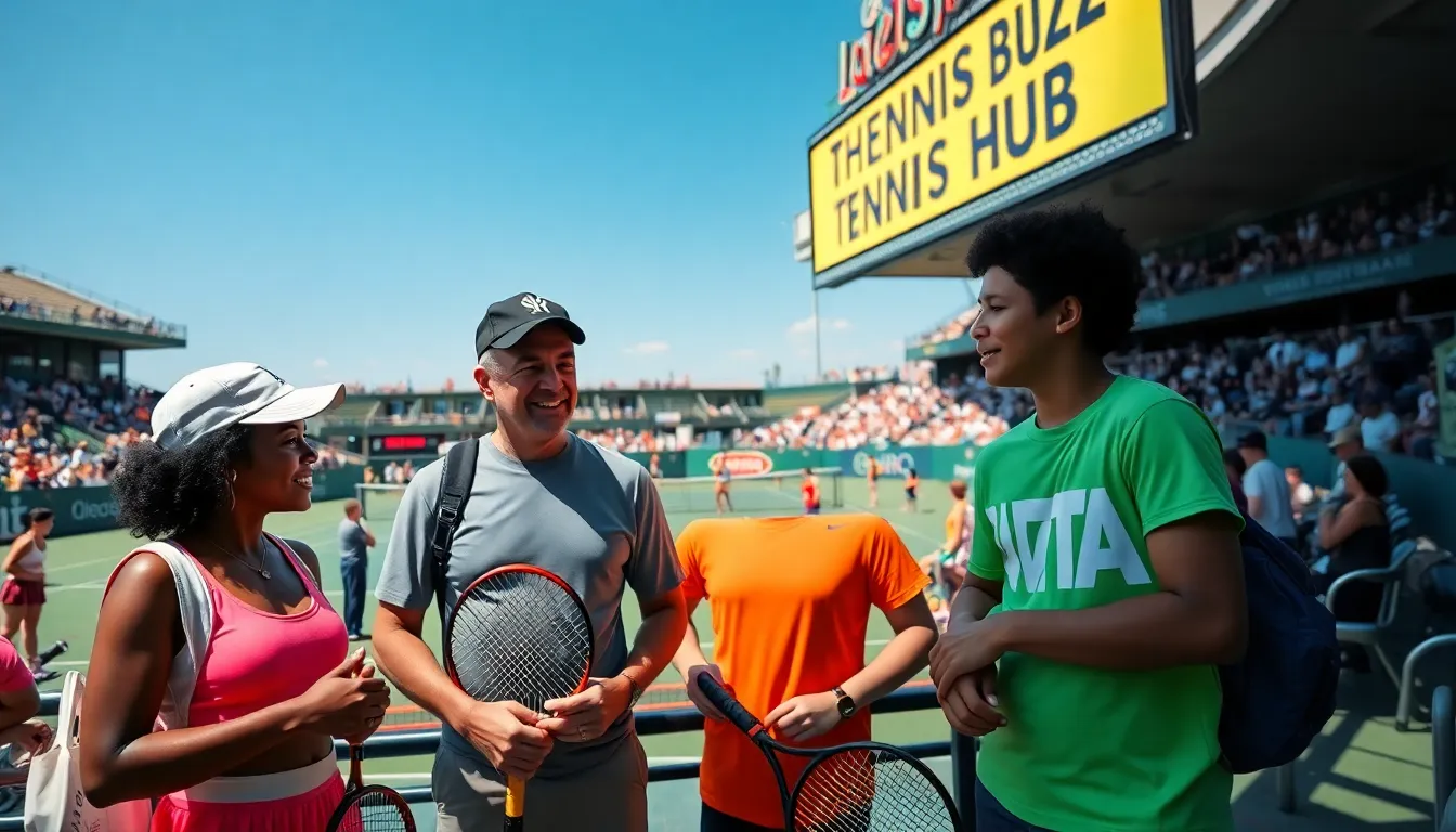 A diverse group of tennis fans discussing in front of a sports venue.