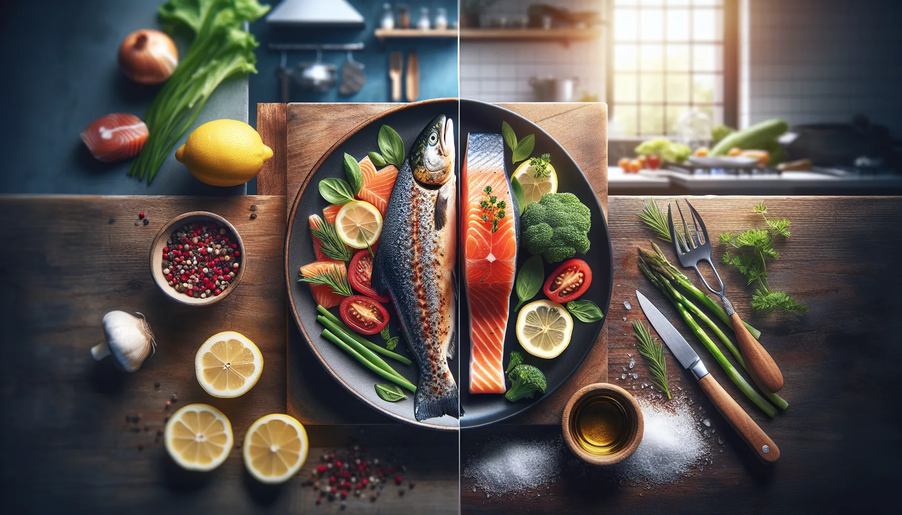comparison of grilled salmon and pan-seared trout dishes.