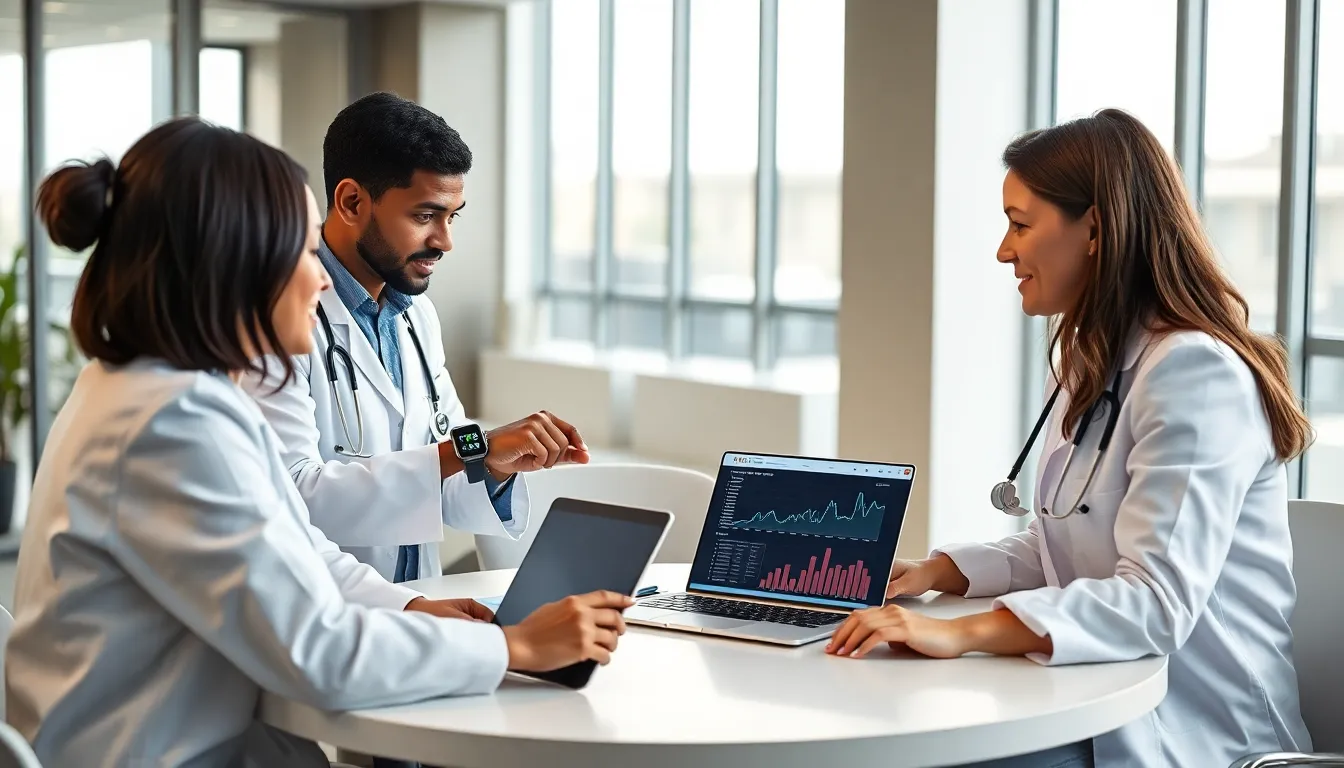 healthcare professionals discussing wearables in a modern office setting.