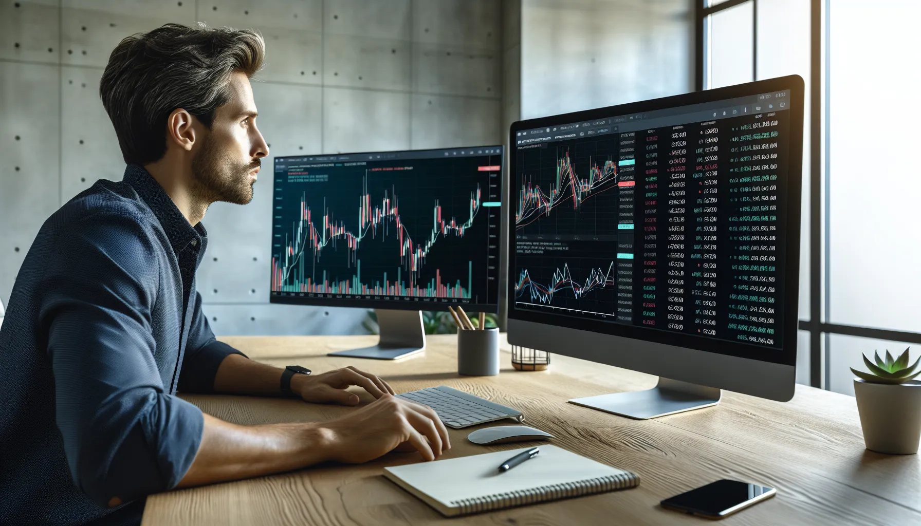Investor analyzing Floki Inu cryptocurrency trading charts on computer monitors at home office desk.