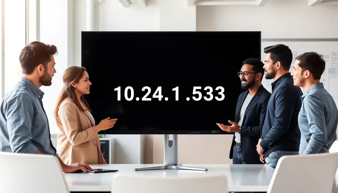 diverse software team discussing version number in a modern office.