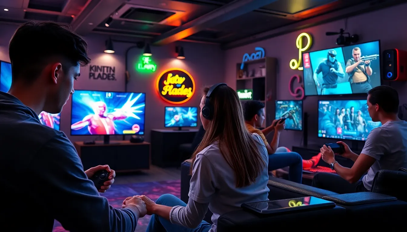 diverse group of gamers enjoying new video game releases in a modern lounge.