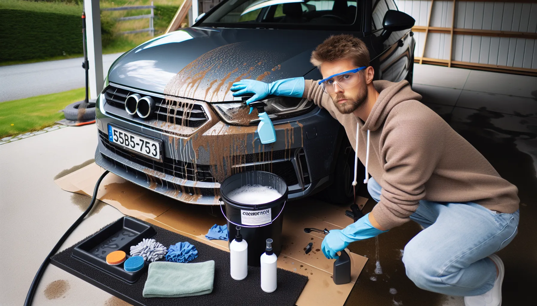 Person spraying tar remover on shaded car panel with safety gear.