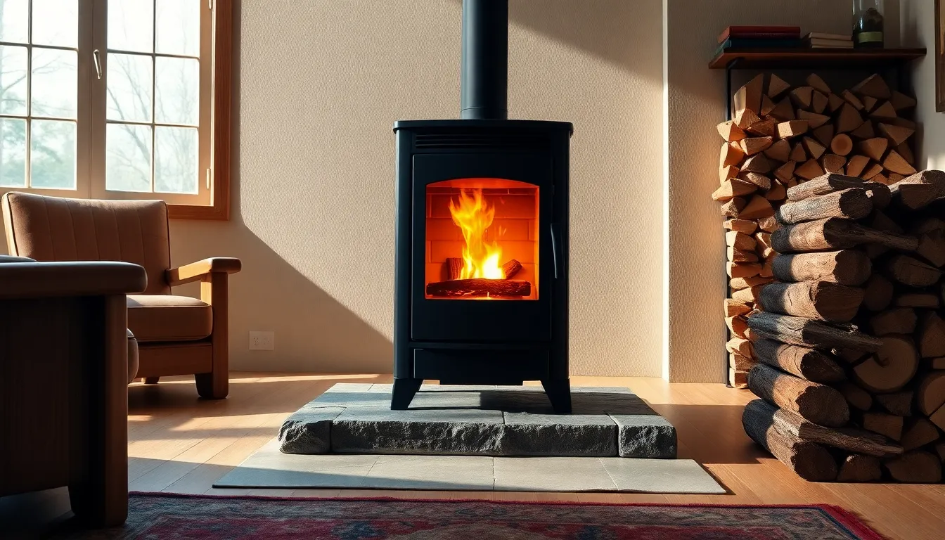 modern wood stove in a cozy living room setting.