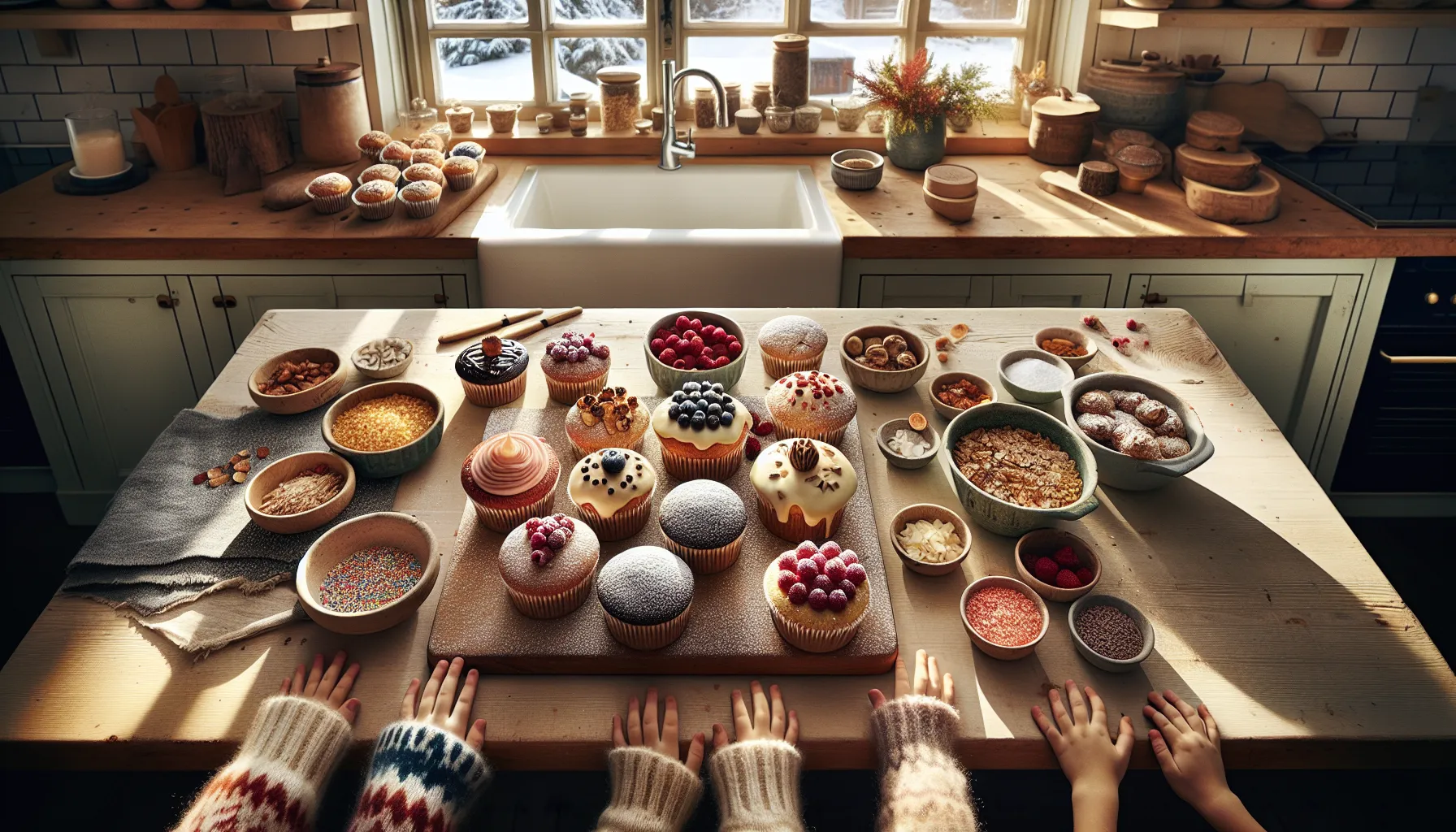 Norwegian family decorating assorted creative muffins together in a bright, cozy kitchen.