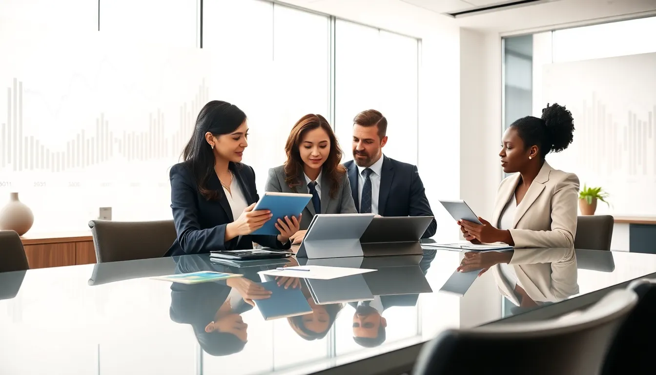professionals discussing mortgage rates in a modern office.