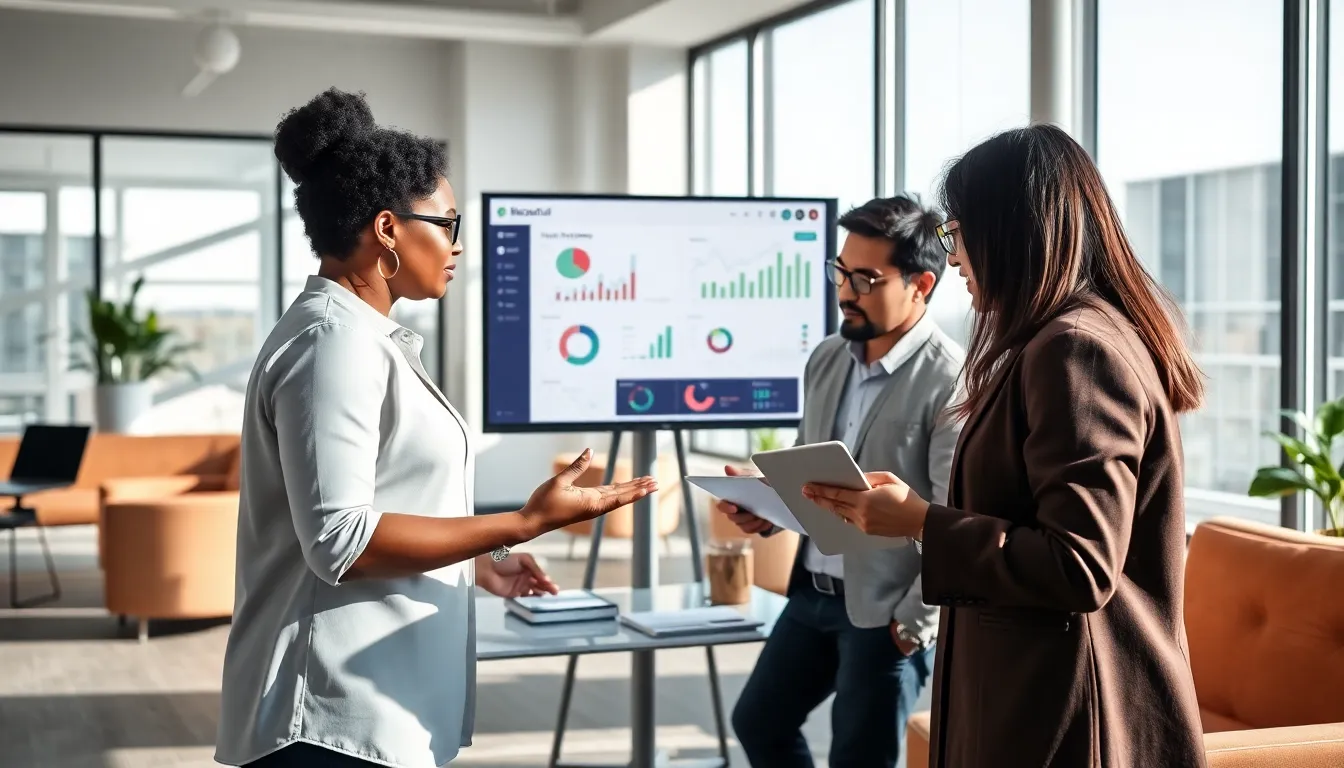 diverse team collaborating in a modern office showcasing Biszoxtall software.