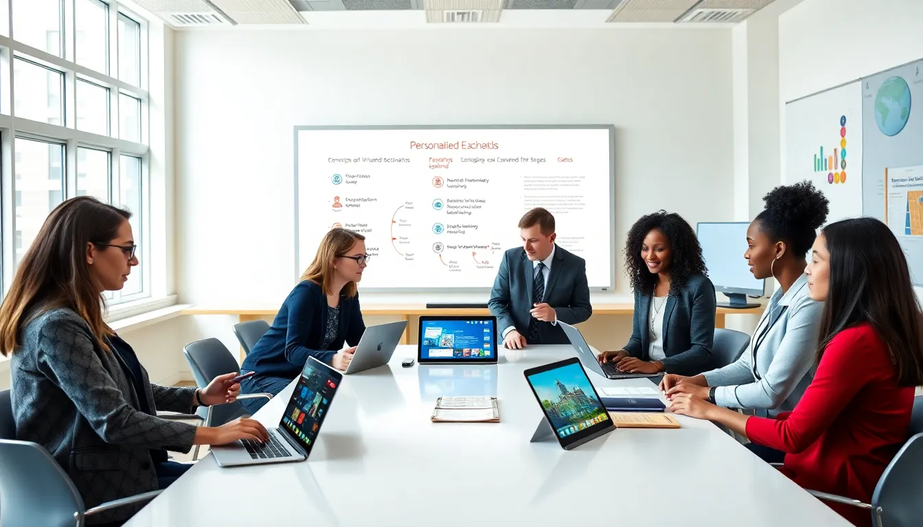 diverse educators collaborating on modern teaching strategies in a bright classroom.