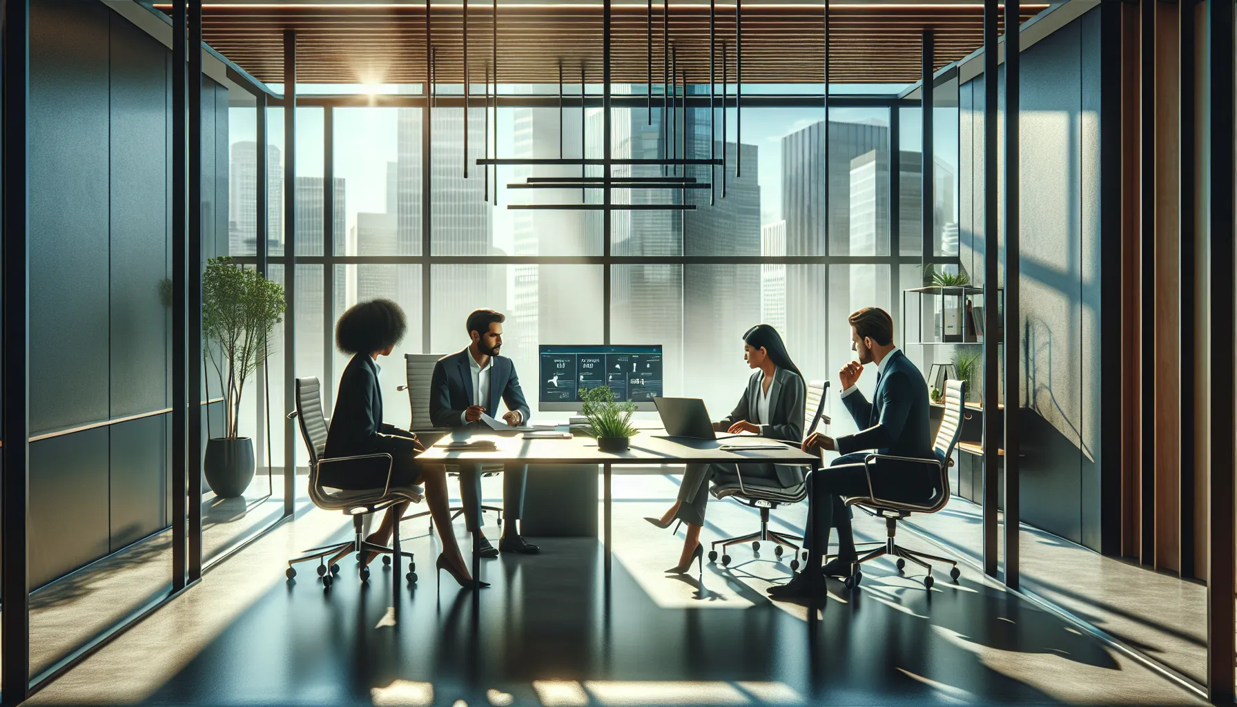 diverse team discussing travel discounts in a modern office.