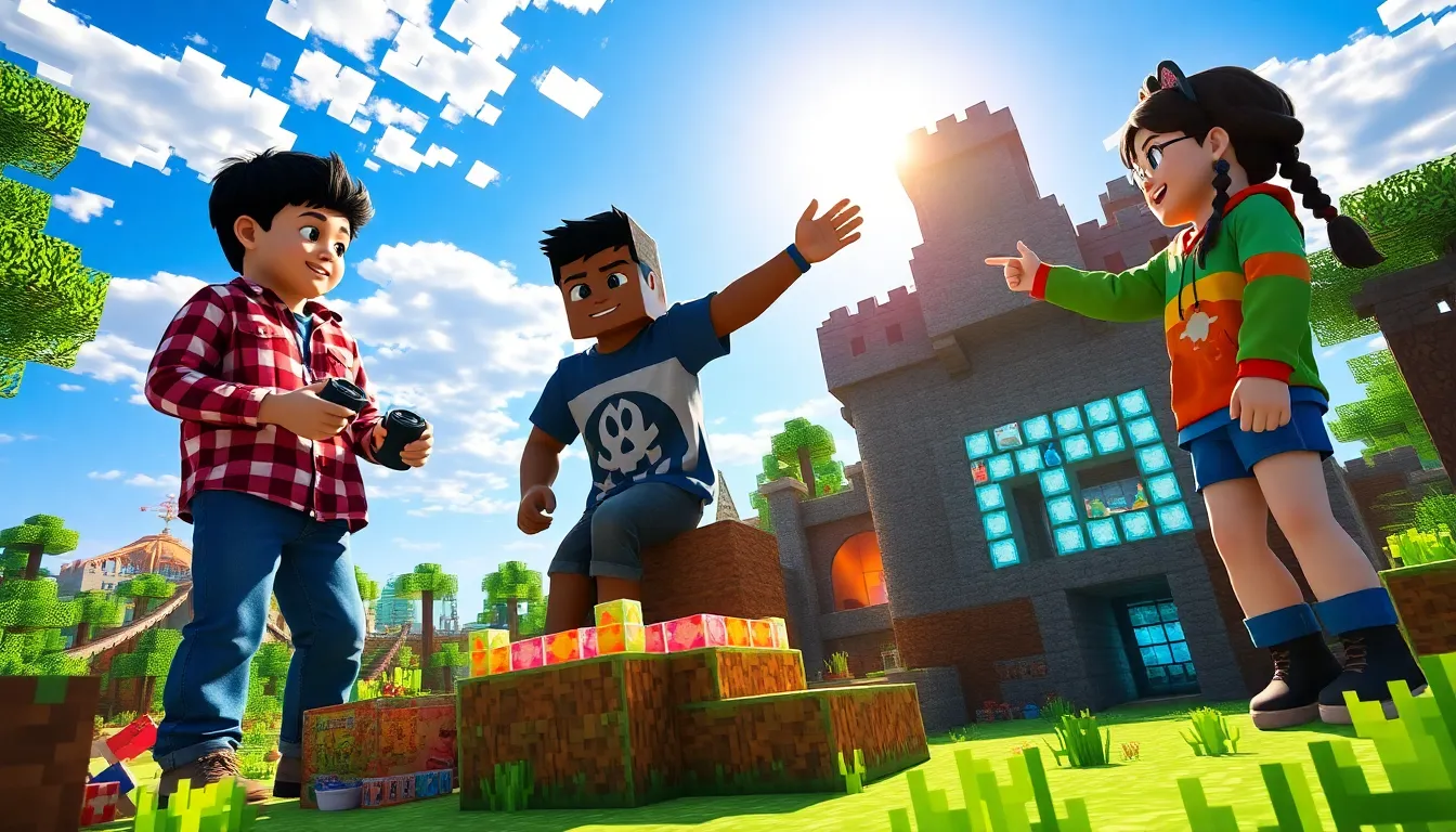 three players exploring a vibrant Minecraft landscape in an ImagineerGame.