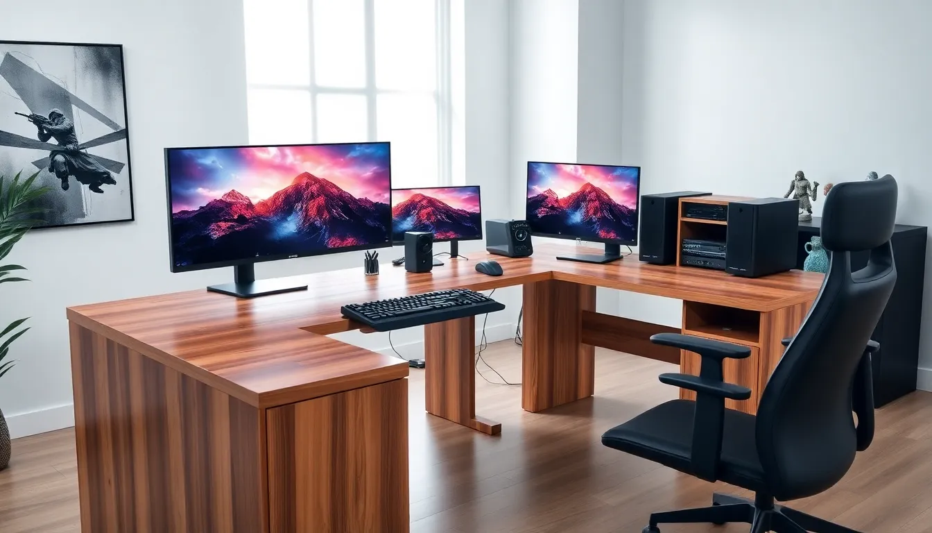 large gaming desk with dual monitors in a modern office setup.