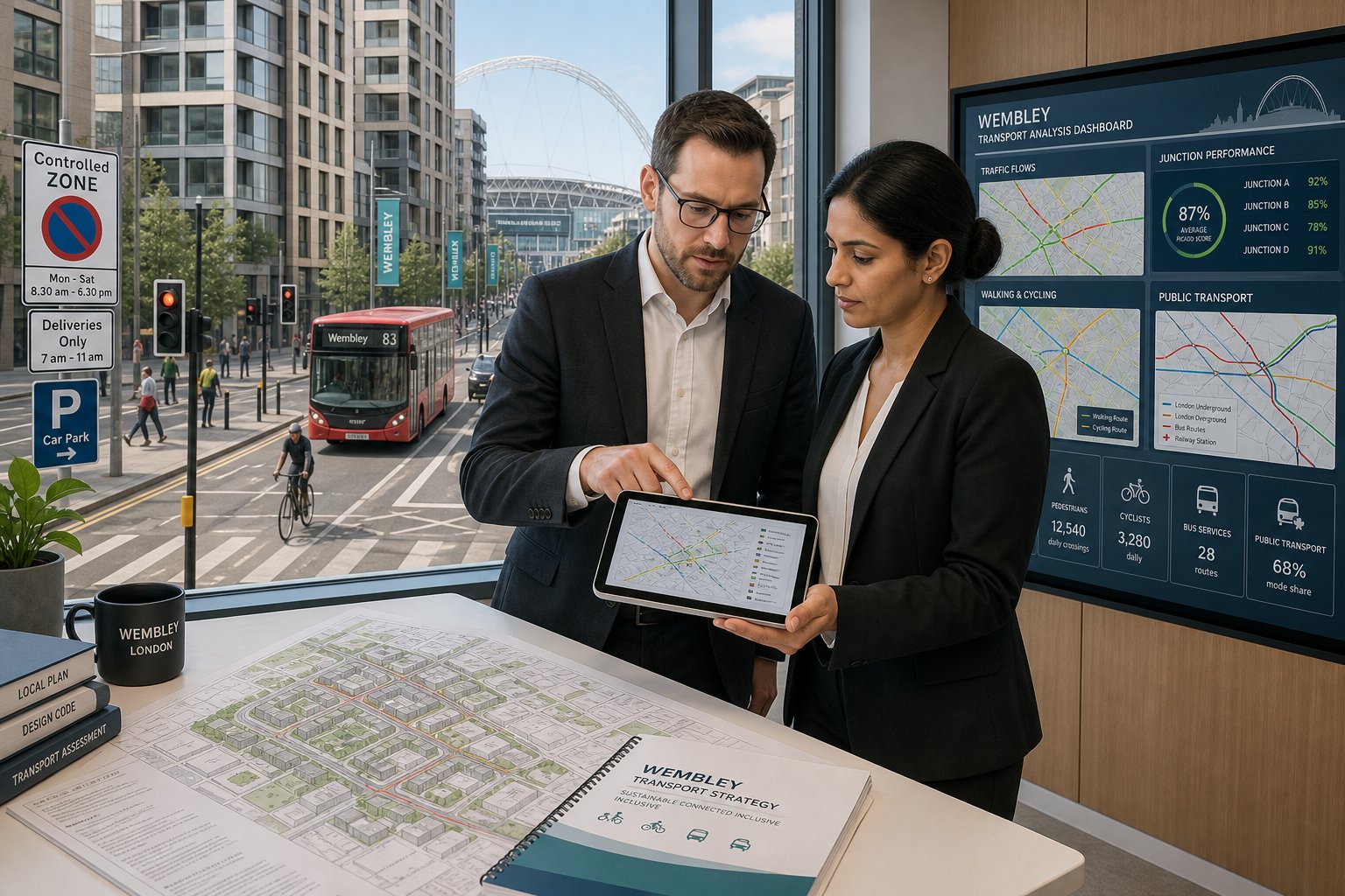 Traffic engineer reviewing Wembley development transport plans in a modern office.