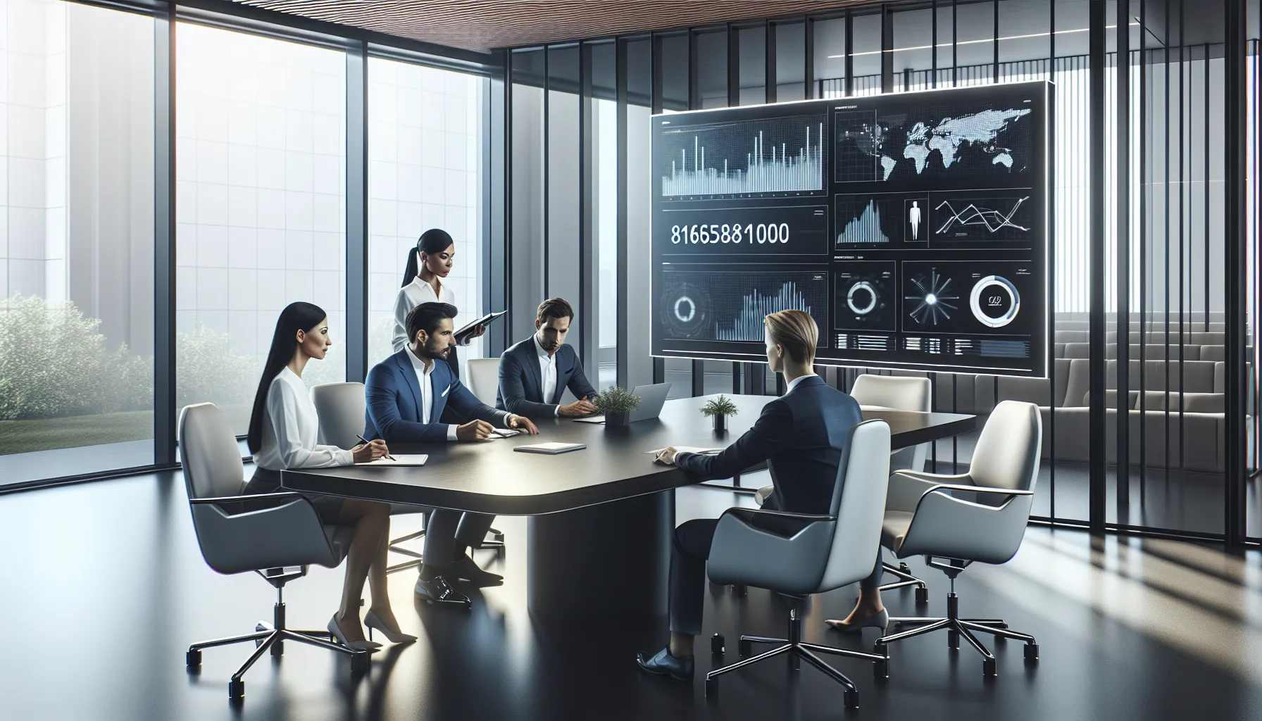 professionals discussing data in a modern office setting.