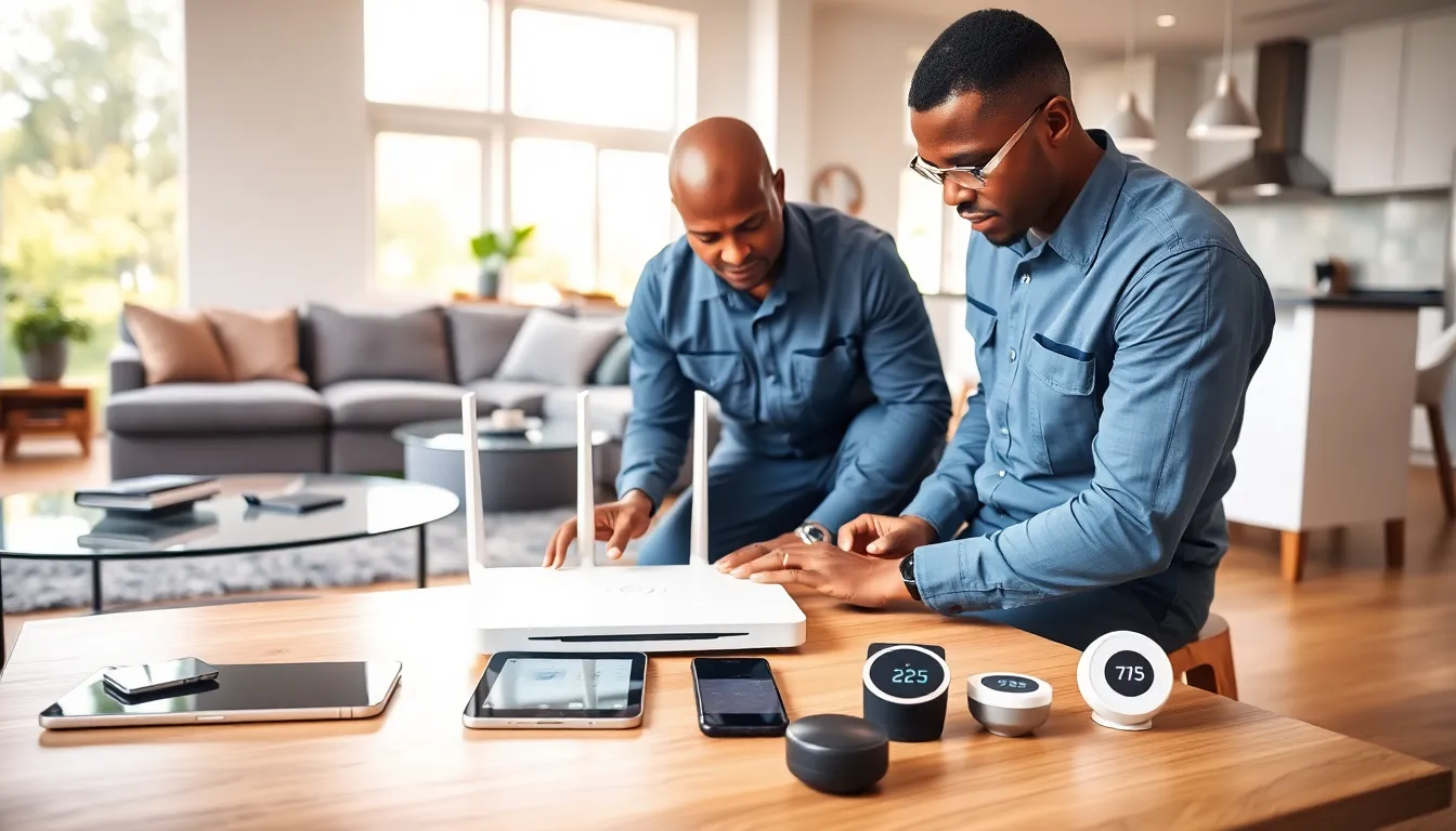 technician setting up a home networking service in a modern living room.
