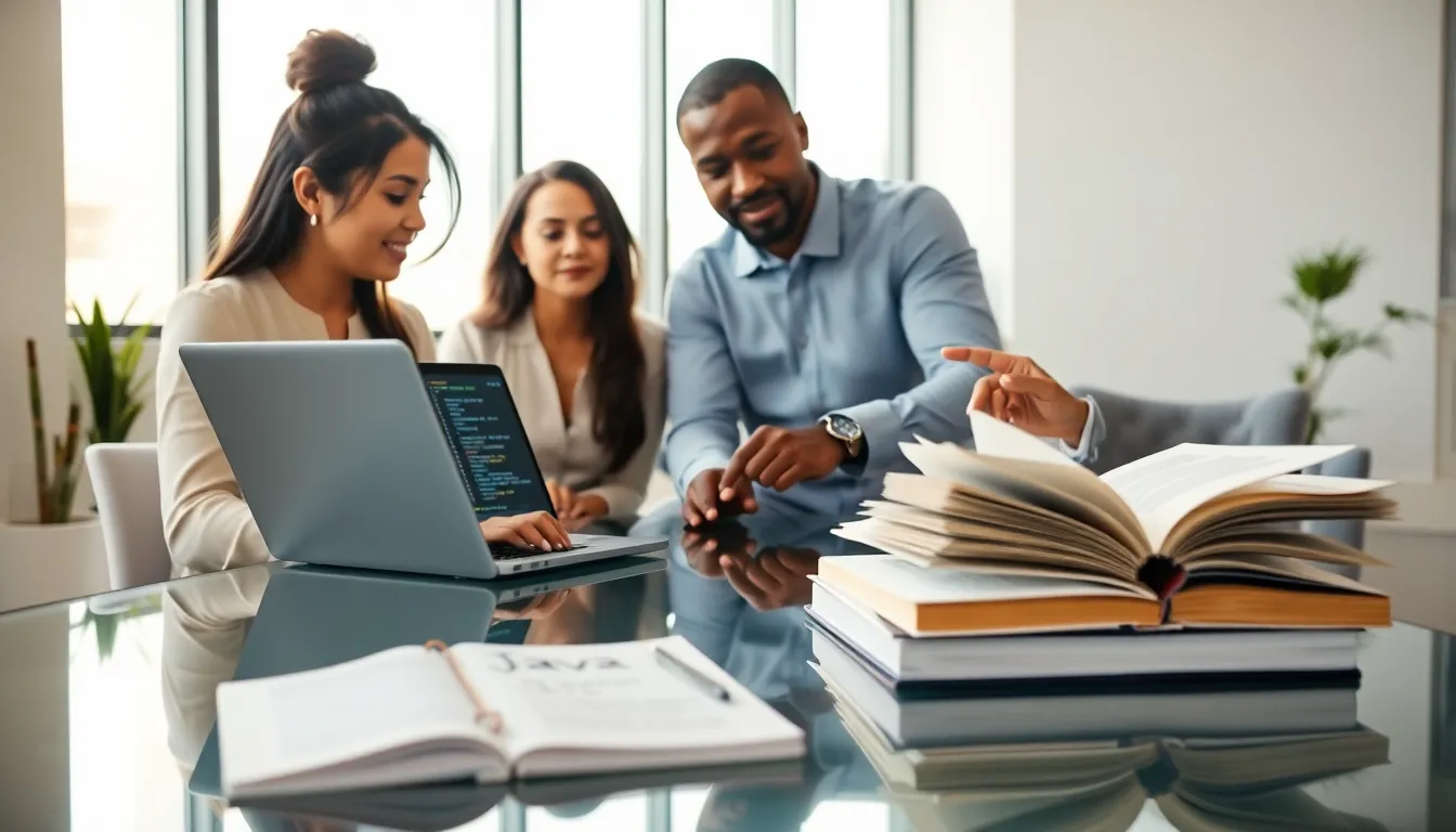 diverse team discussing Java programming in a modern office.