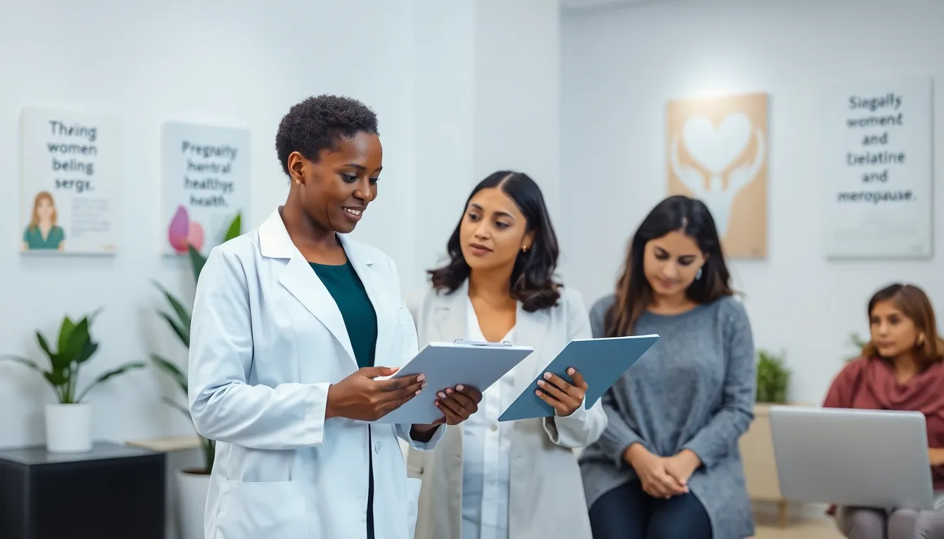 diverse women discussing women's health in a modern clinic.