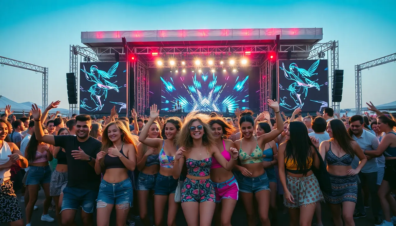 diverse crowd dancing at a vibrant 2022 music festival.