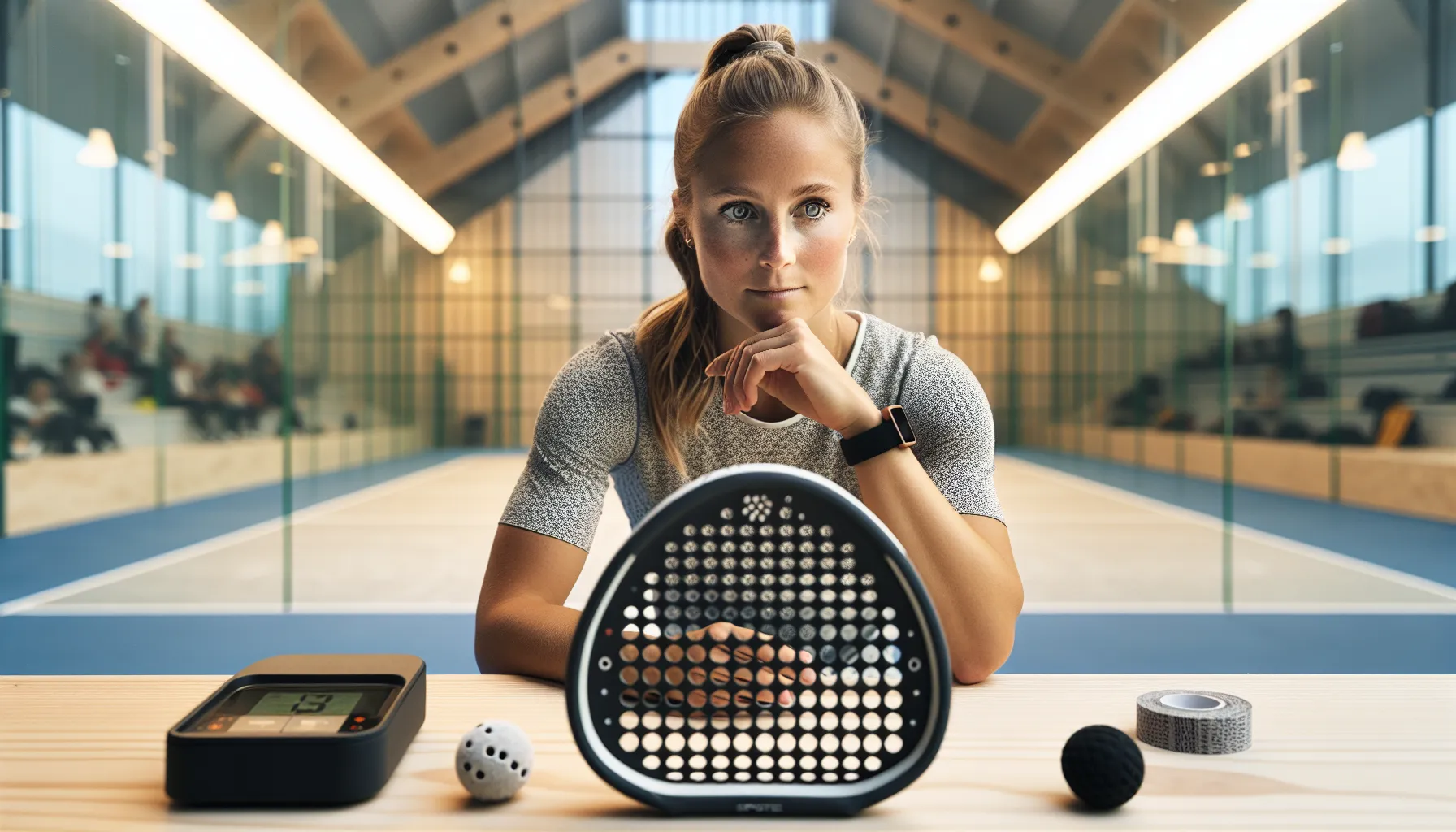 Norwegian beginner balancing a round padel racket as coach compares shapes.