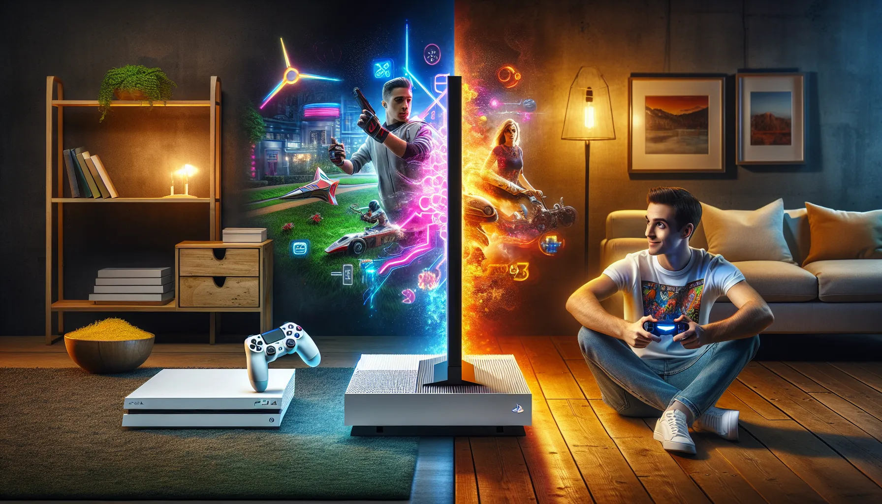 a young man gaming with a PlayStation 5 and Xbox Series X in a cozy living room.