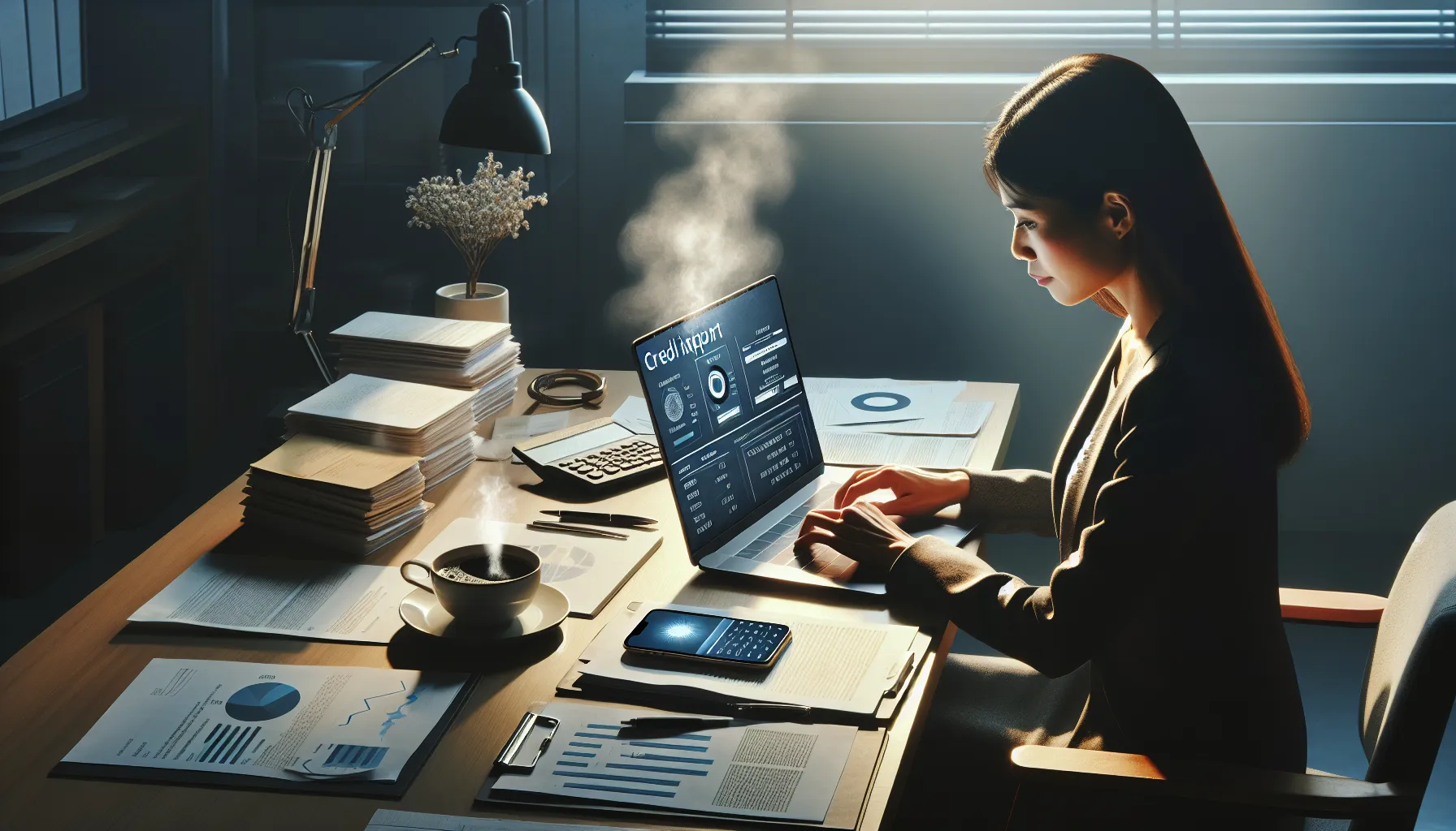 A person viewing a credit report on a laptop at an organized workspace.