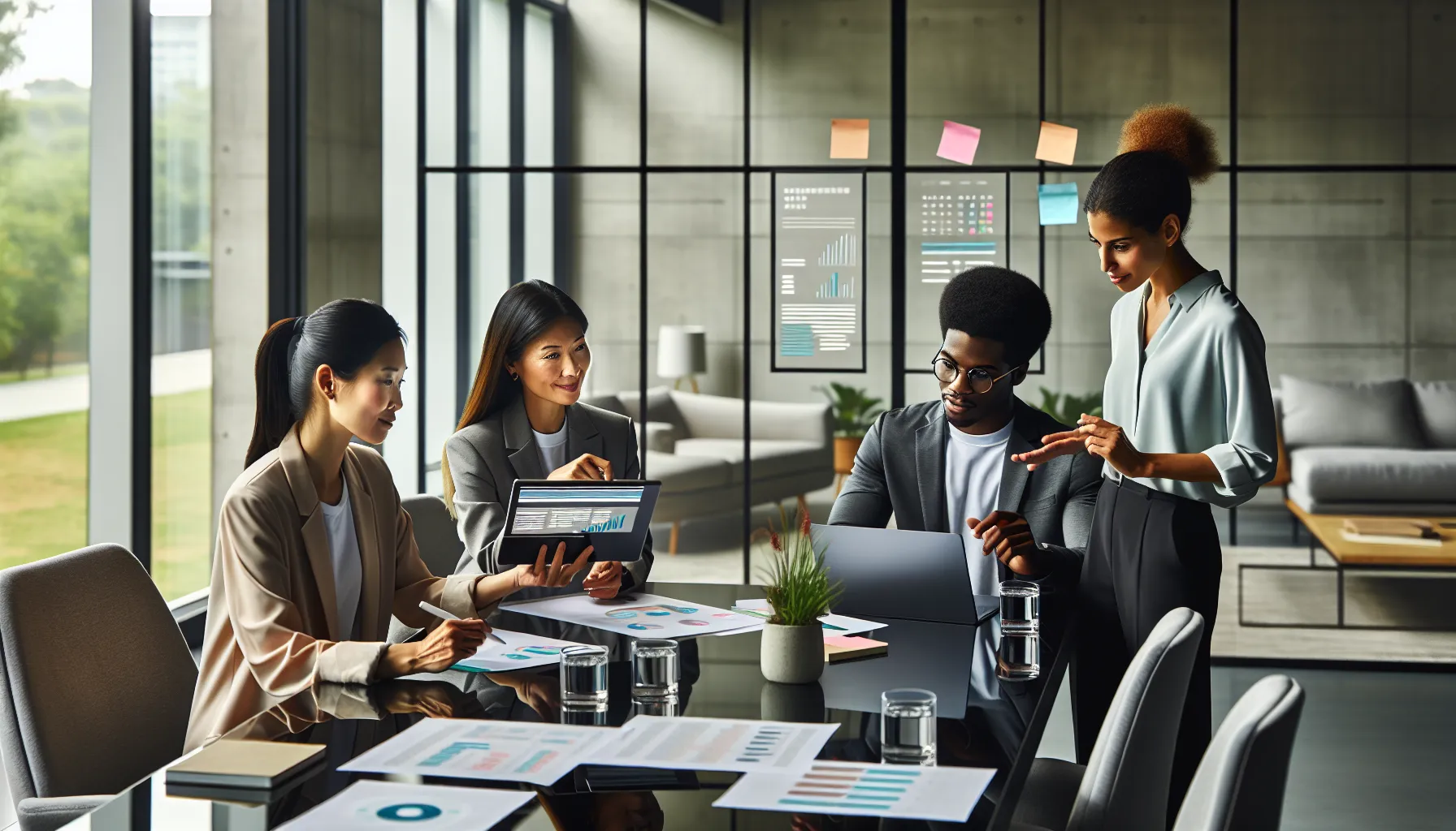 diverse team discussing spelling balance in a modern office.