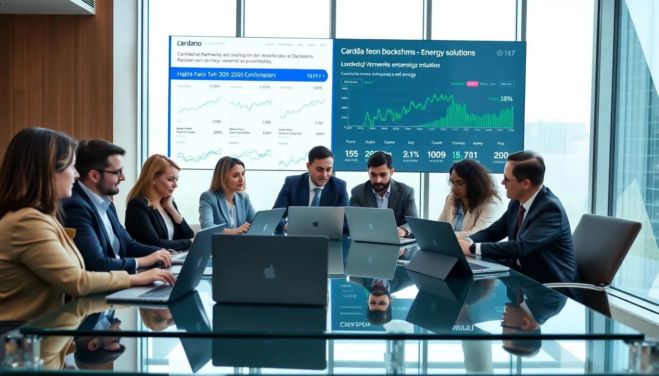 diverse team discussing Cardano cryptocurrency news in a modern office.