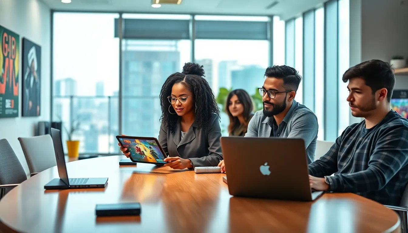 a diverse team of game developers collaborating in a modern office.