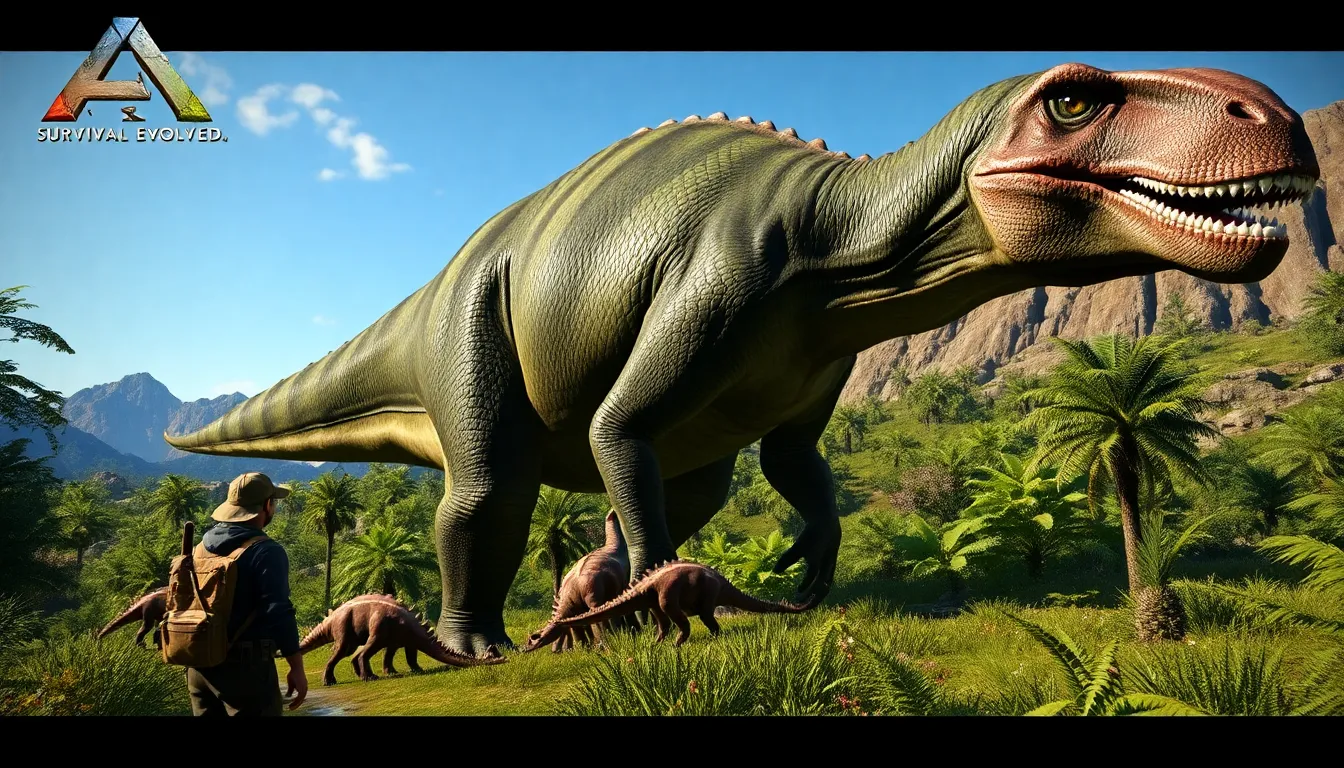 Giganotosaurus in a vivid prehistoric landscape with a cautious player character.
